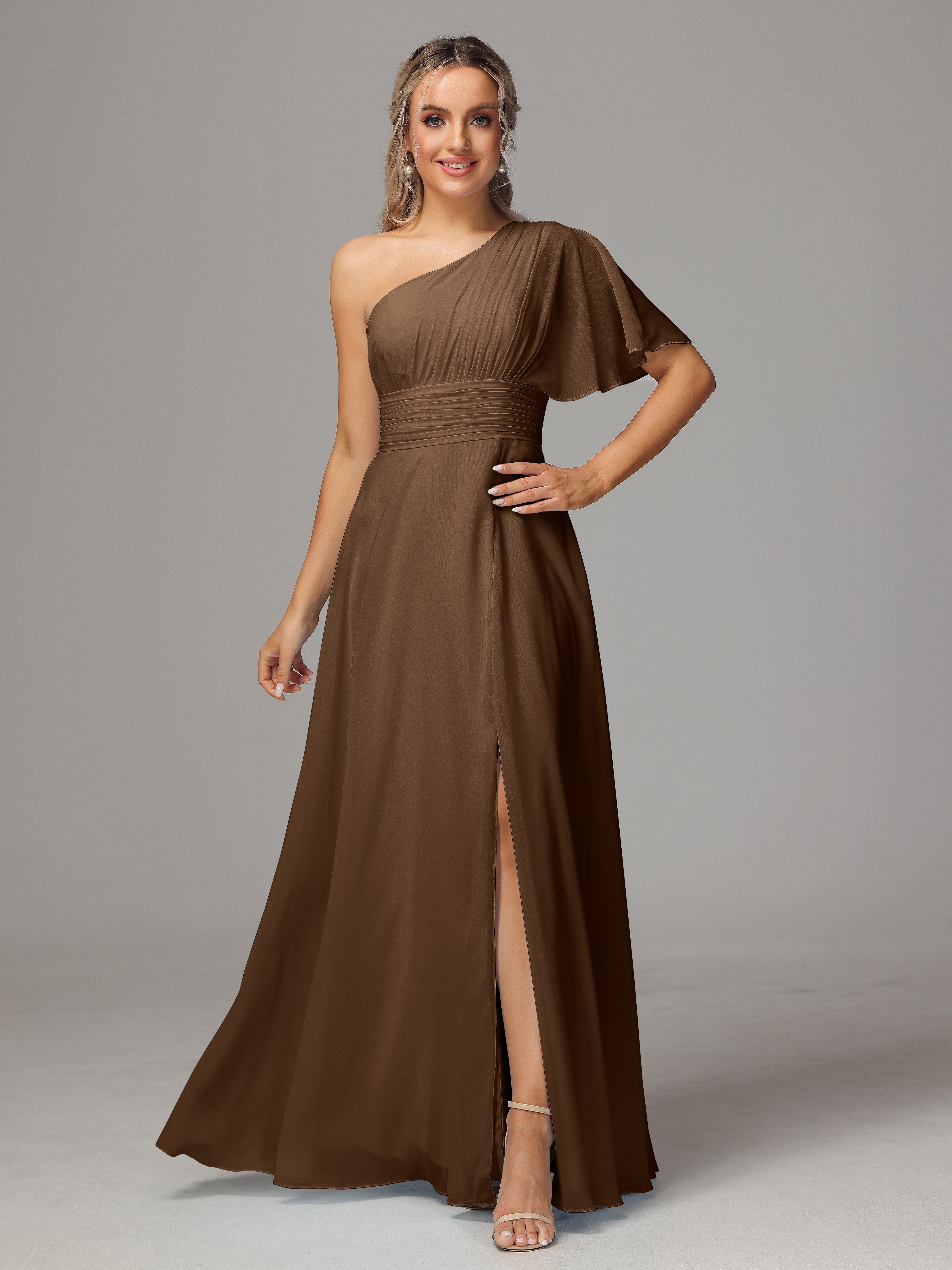 Robe Demoiselle D Honneur Brun Fendue Seule Épaule Mousseline Robe Demoiselle D'Honneur