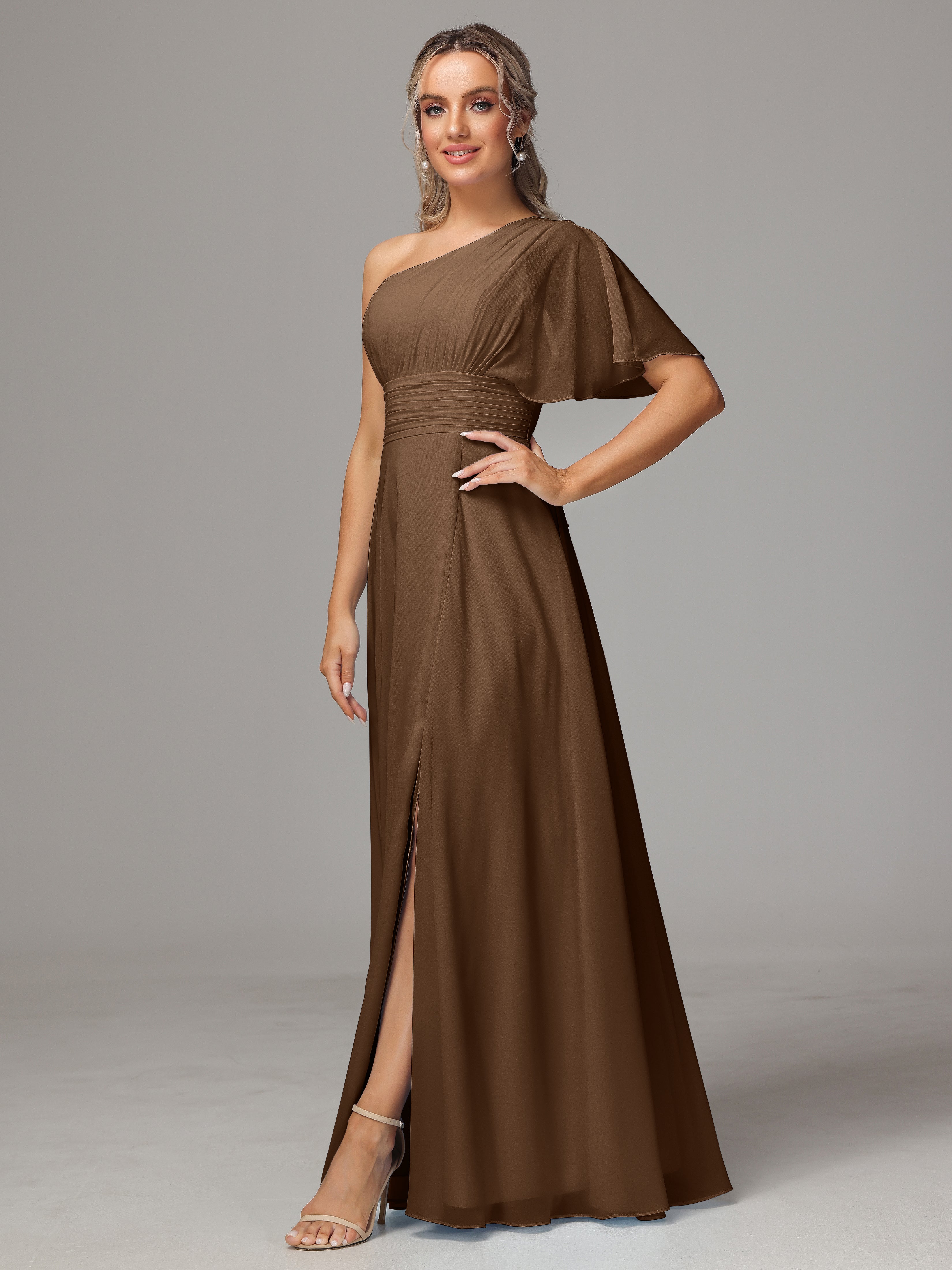 Robe Demoiselle D Honneur Brun Fendue Seule Épaule Mousseline Robe Demoiselle D'Honneur