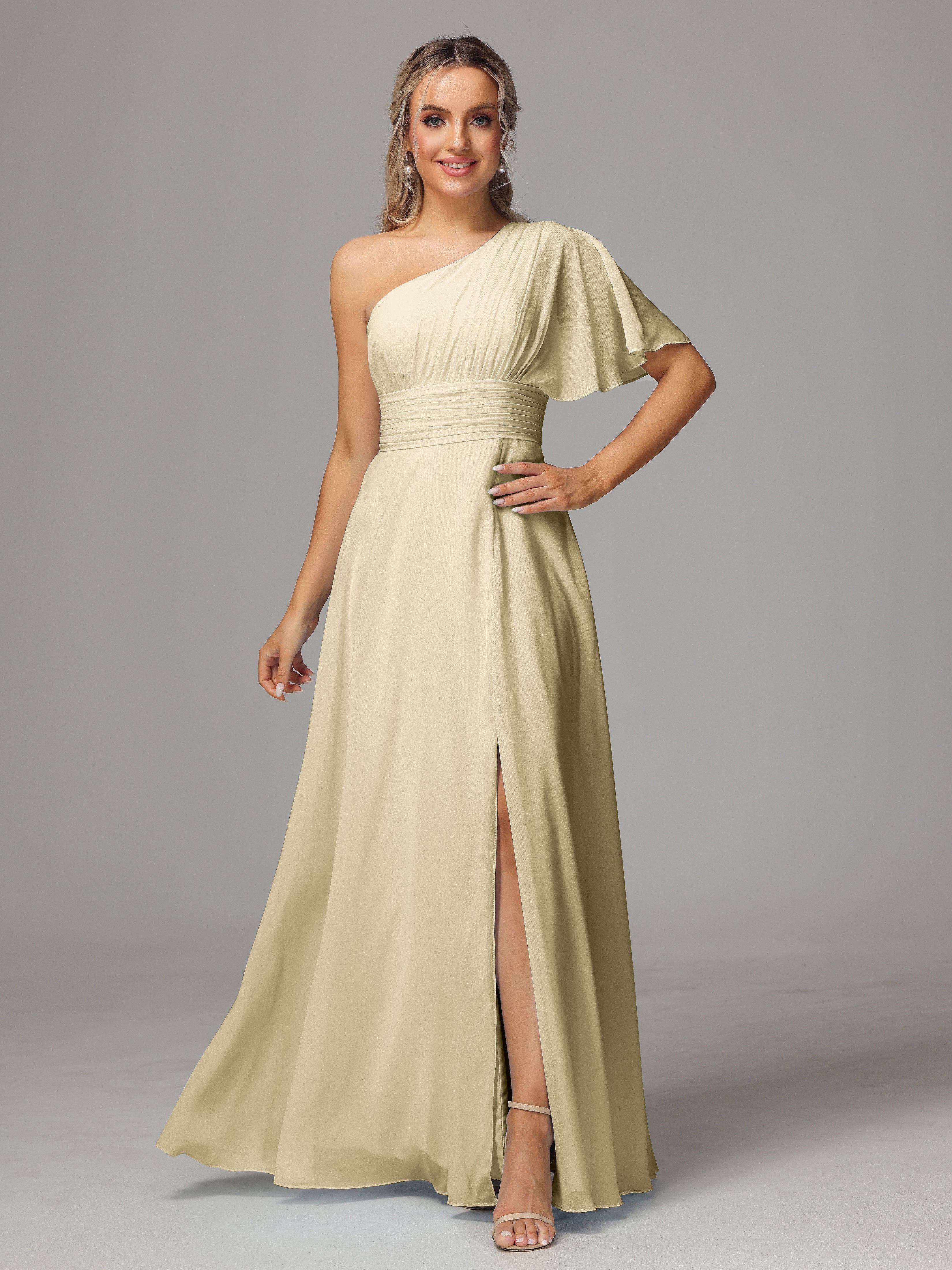 Demoiselle D Honneur Champagne Fendue Seule Épaule Mousseline Robe Demoiselle D'Honneur