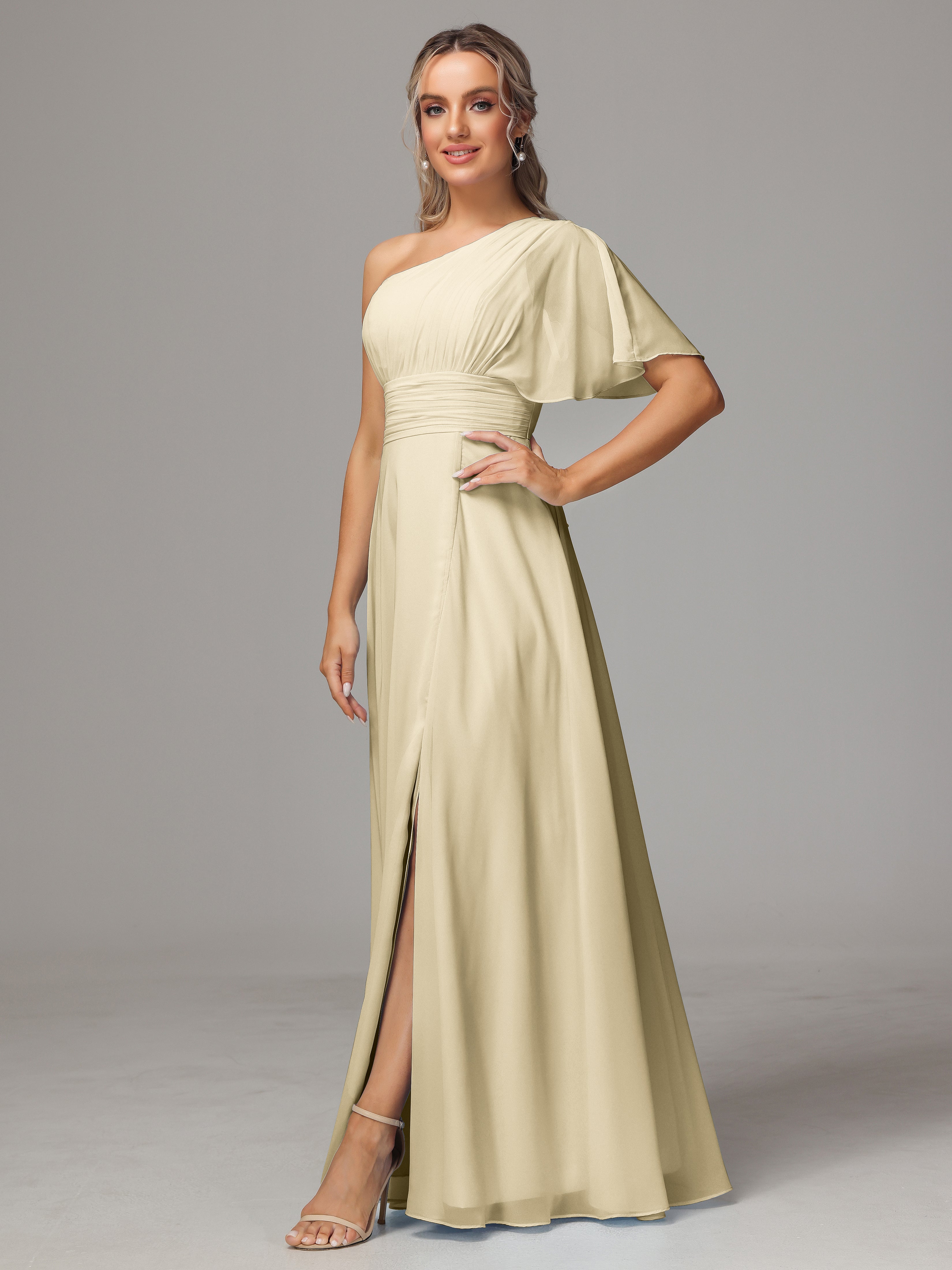 Demoiselle D Honneur Champagne Fendue Seule Épaule Mousseline Robe Demoiselle D'Honneur