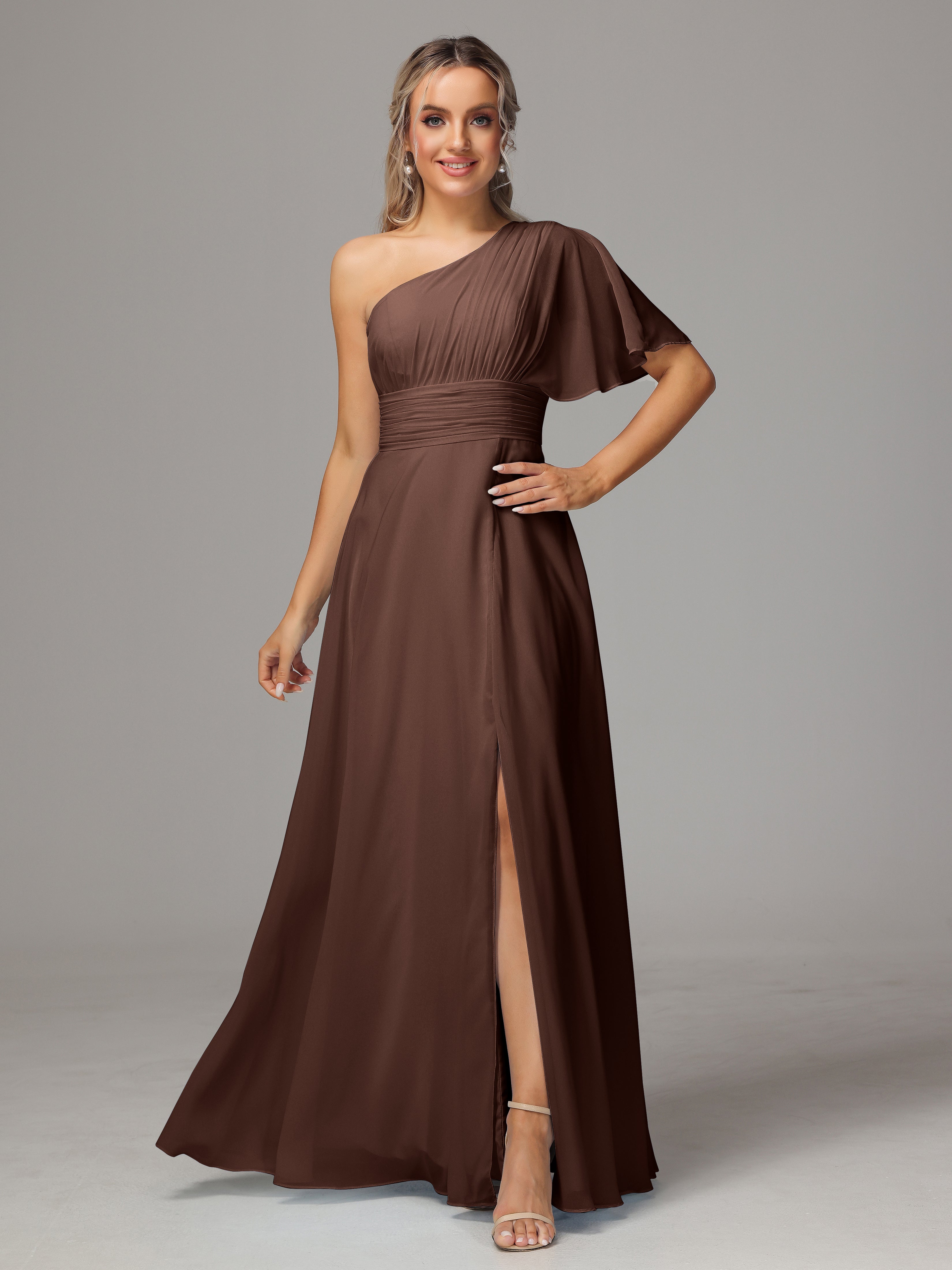 Robe De Demoiselle D Honneur Chocolat Fendue Seule Épaule Mousseline Robe Demoiselle D'Honneur
