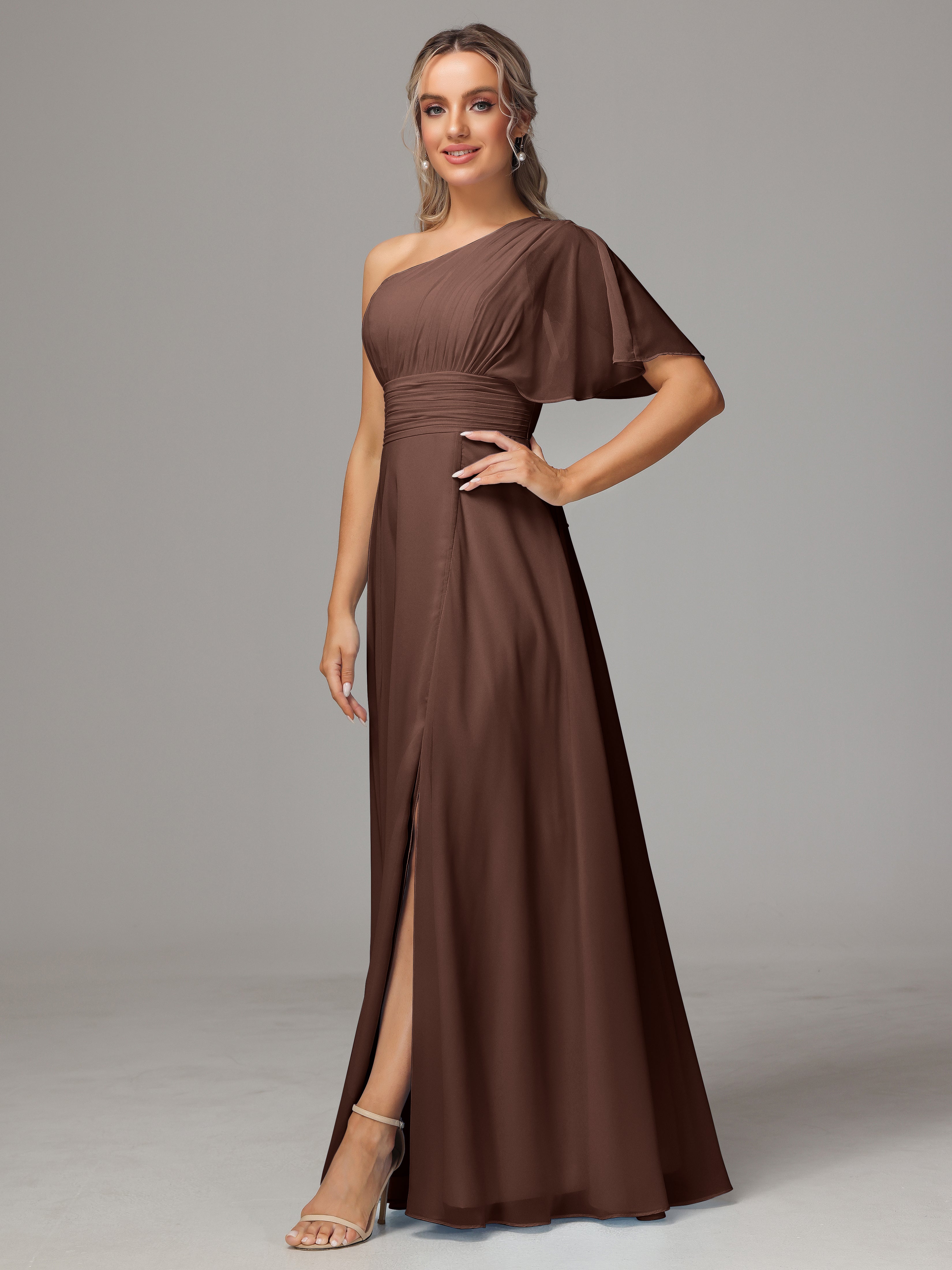 Robe De Demoiselle D Honneur Chocolat Fendue Seule Épaule Mousseline Robe Demoiselle D'Honneur