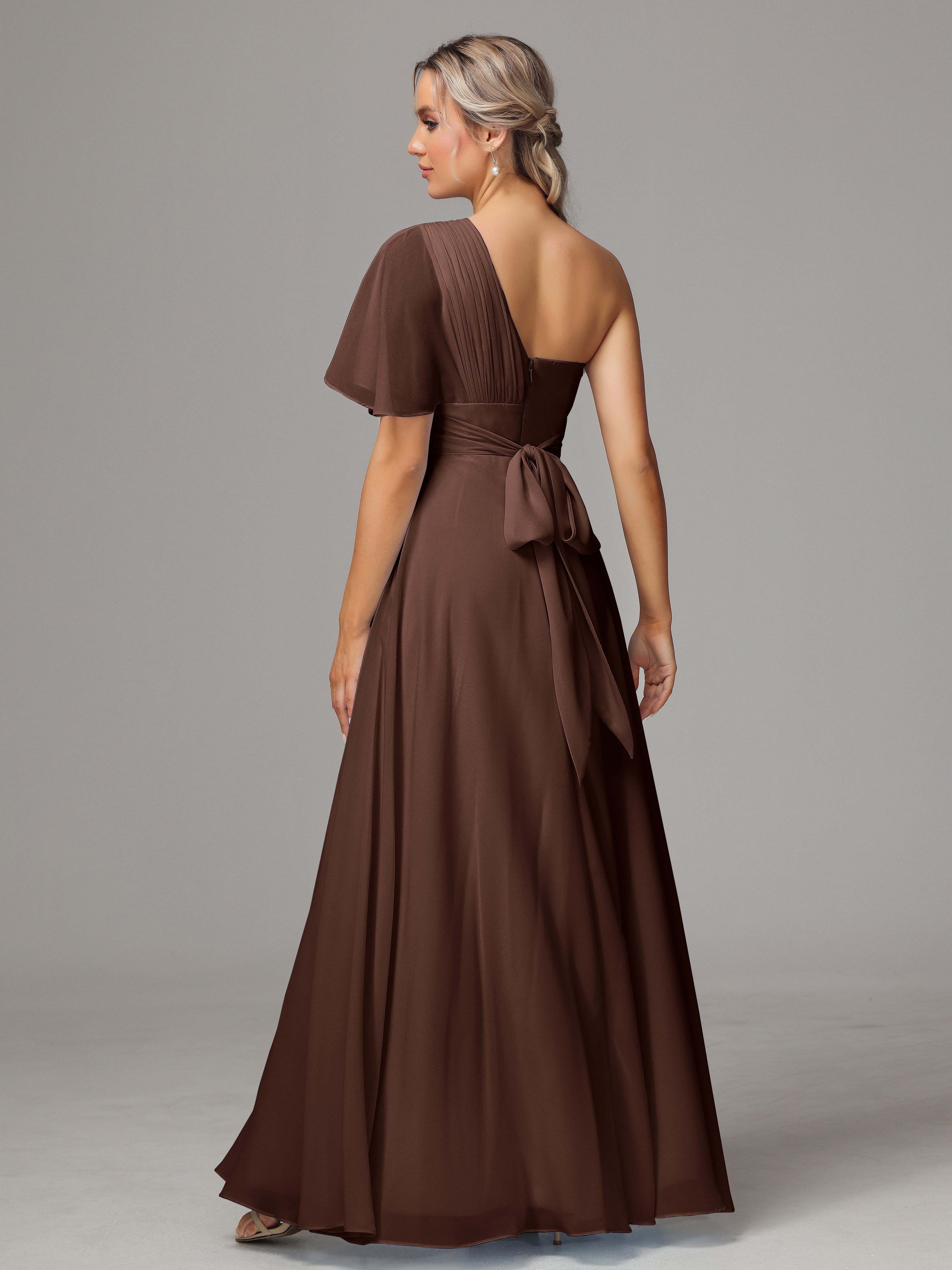 Robe De Demoiselle D Honneur Chocolat Fendue Seule Épaule Mousseline Robe Demoiselle D'Honneur