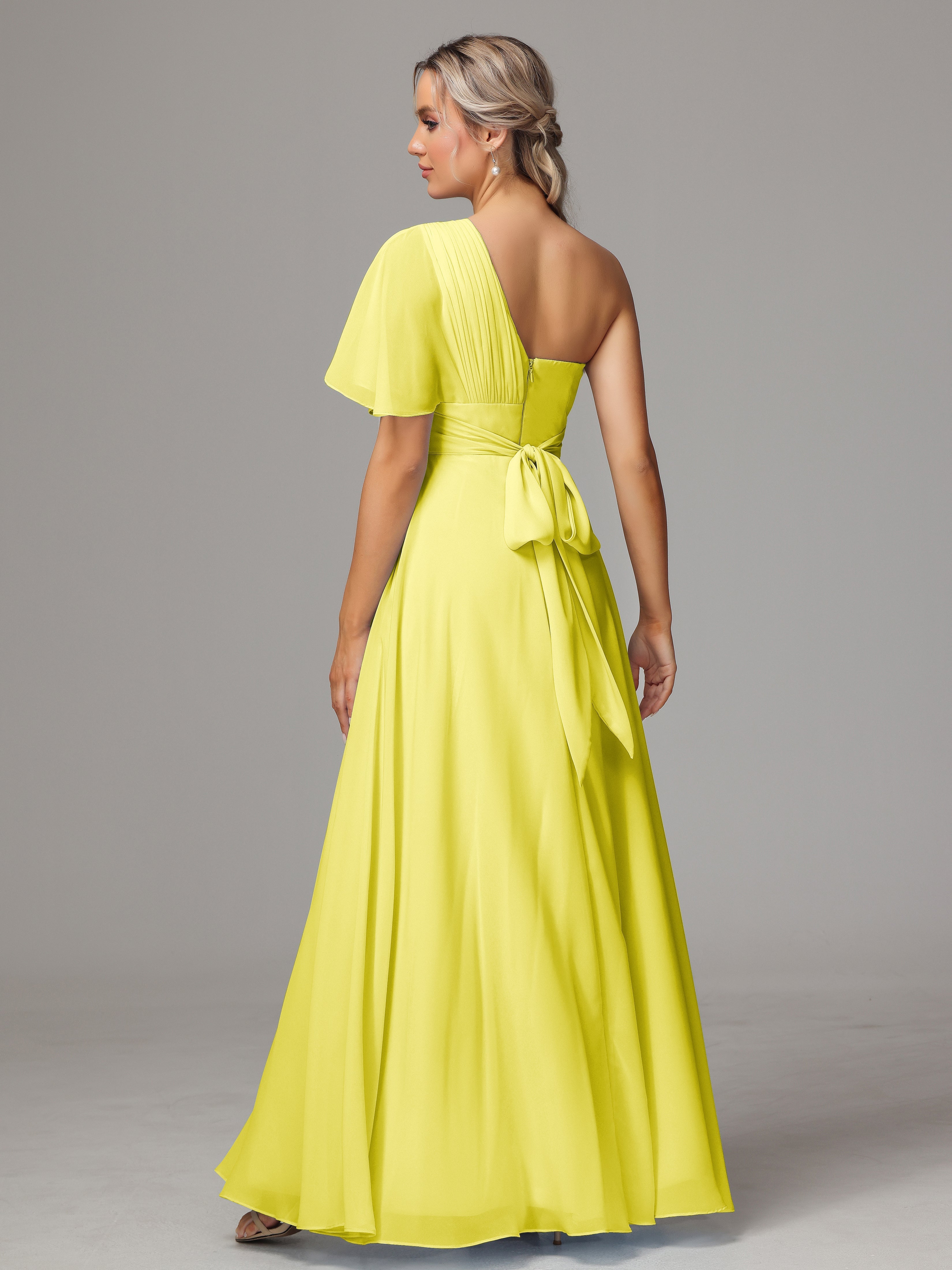 Robes De Demoiselle D'Honneur Citron Fendue Seule Épaule Mousseline Robe Demoiselle D'Honneur