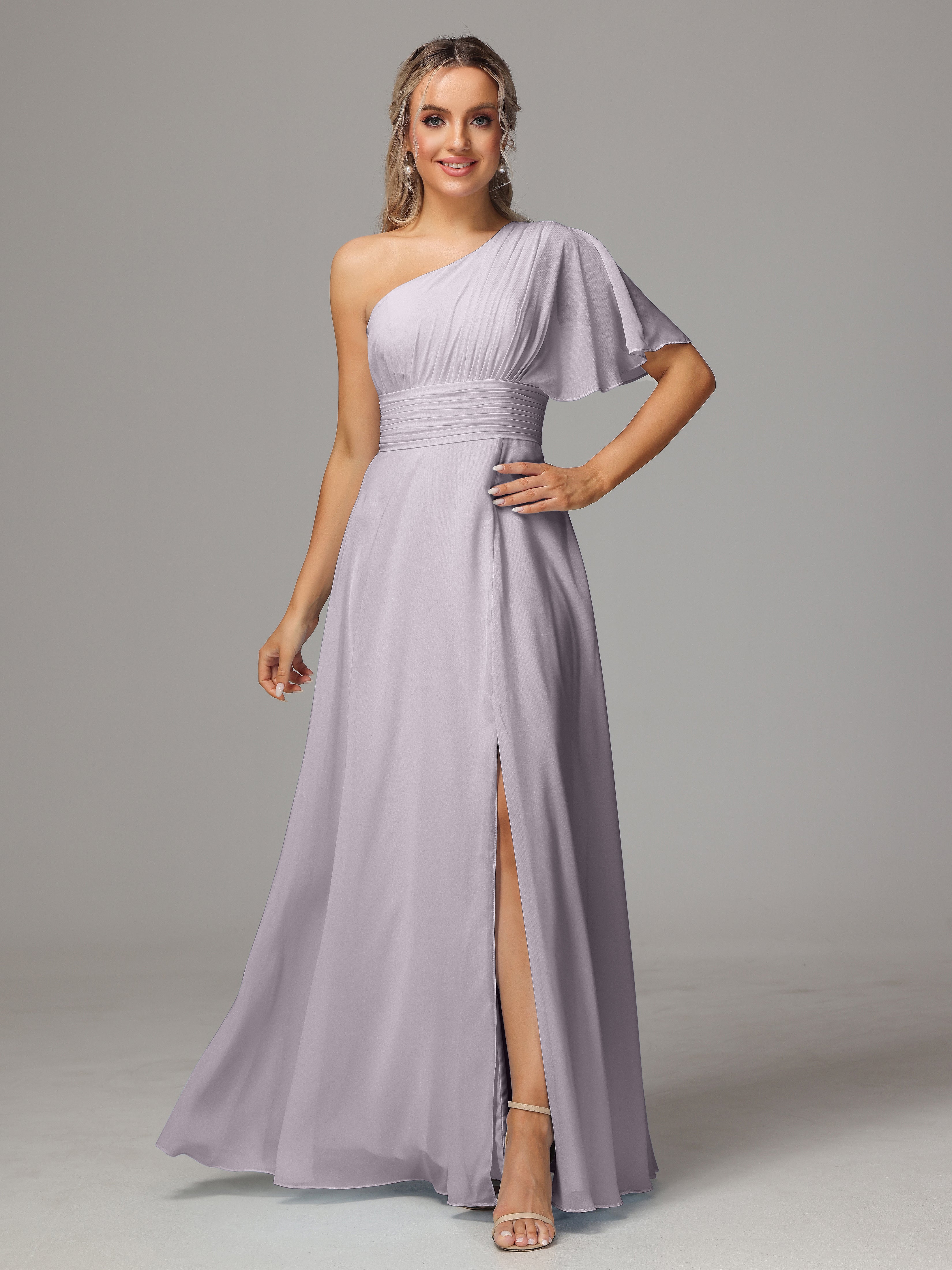 Robes De Demoiselle D'Honneur Couleur Crépuscule Fendue Seule Épaule Mousseline Robe Demoiselle D'Honneur