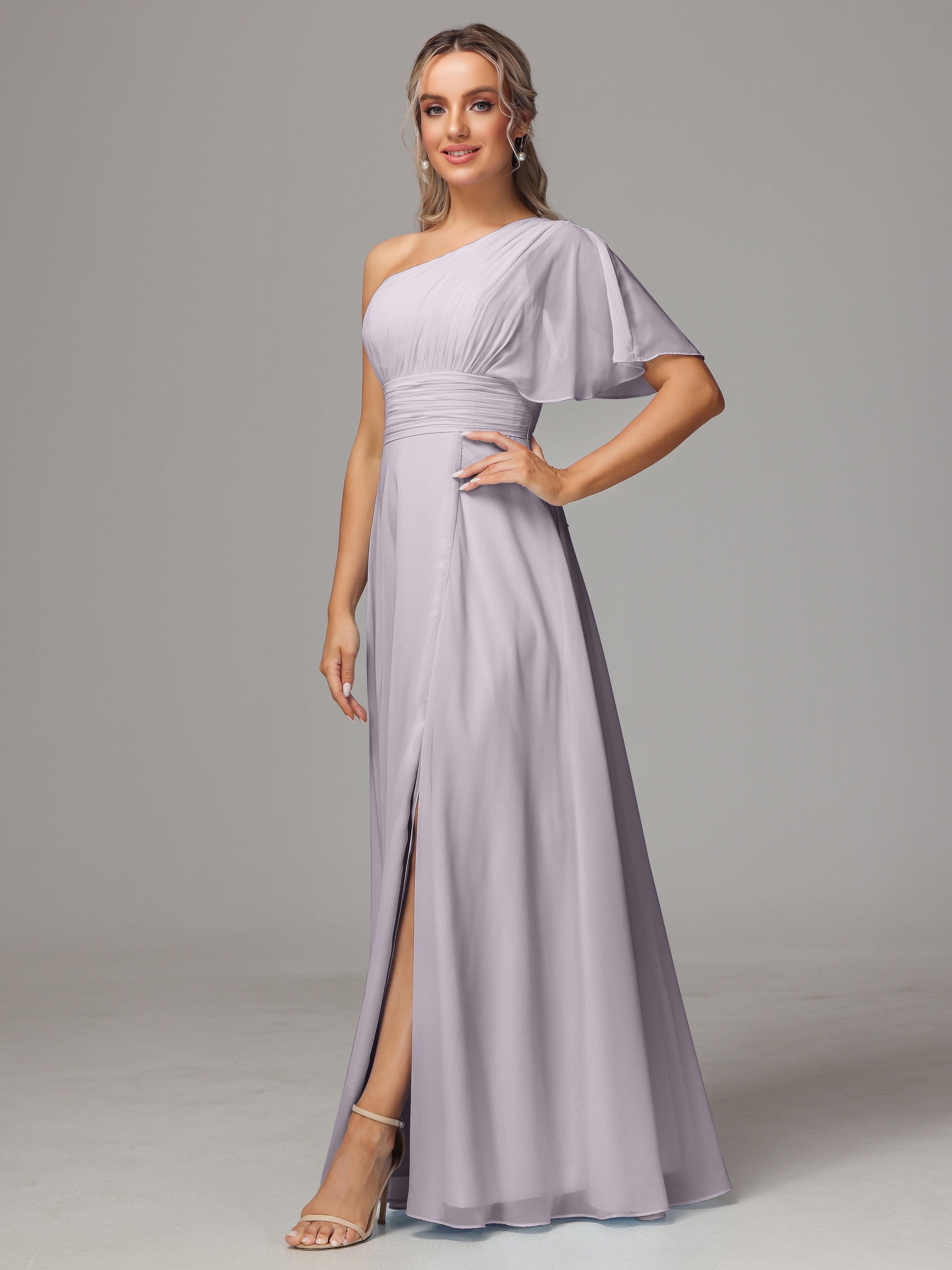 Robes De Demoiselle D'Honneur Couleur Crépuscule Fendue Seule Épaule Mousseline Robe Demoiselle D'Honneur