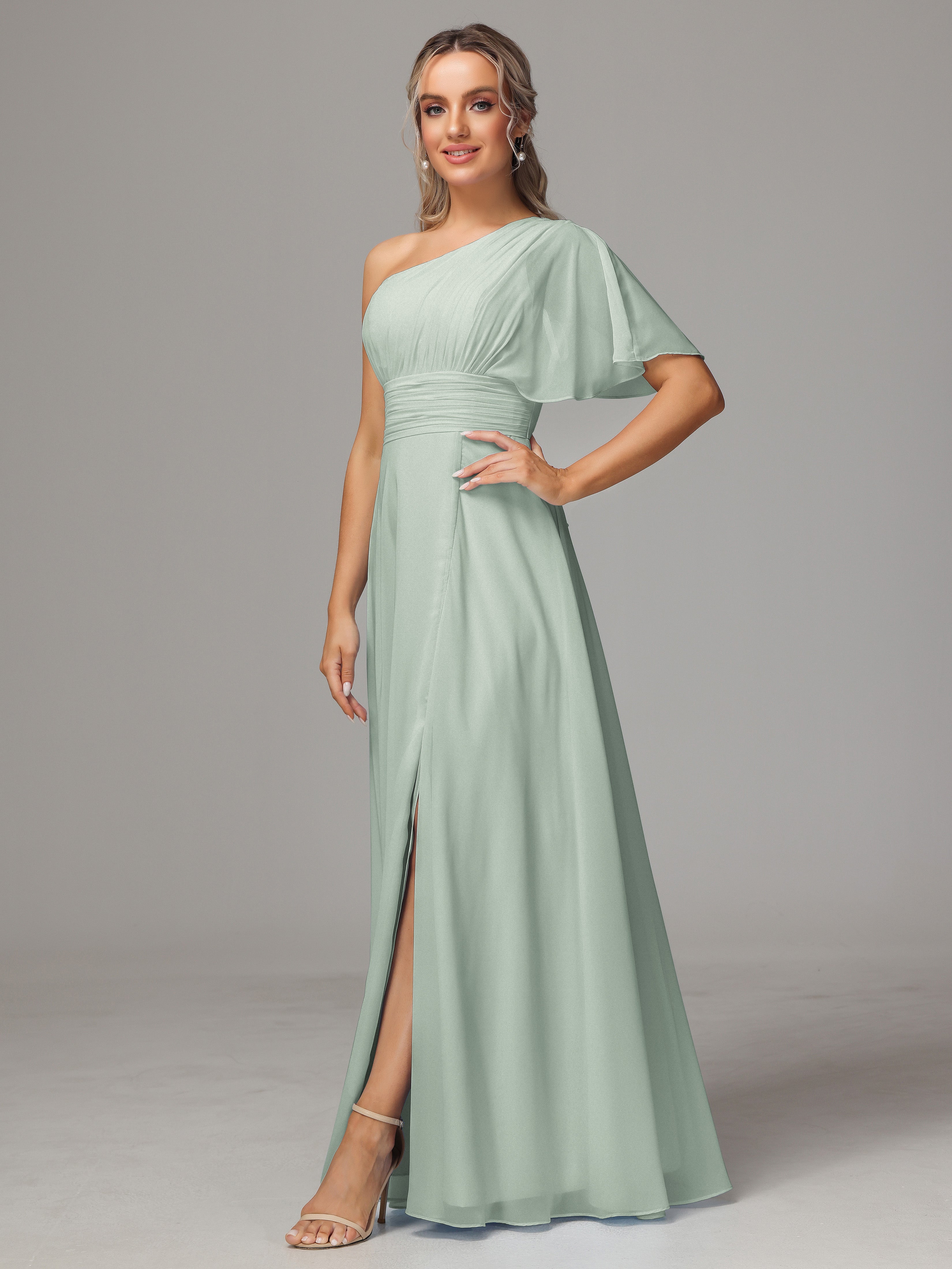 Robe Demoiselle D Honneur Celadon Fendue Seule Épaule Mousseline Robe Demoiselle D'Honneur