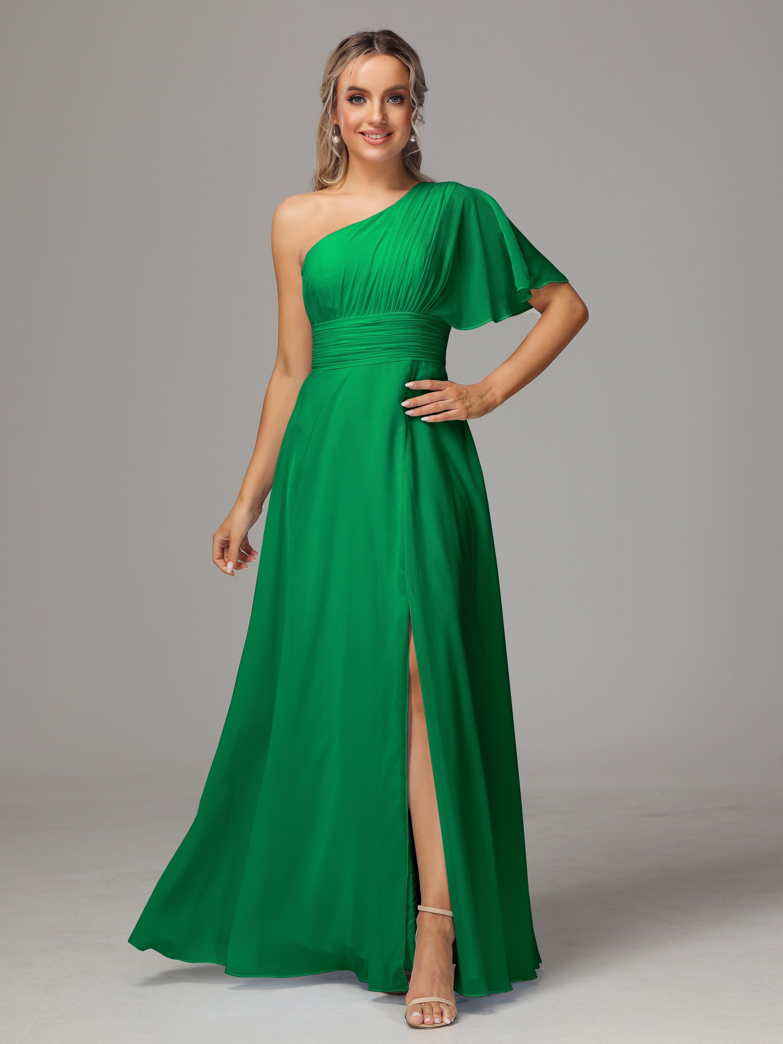 Wedding Party Robe Vert Emeraude Demoiselle D Honneur Fendue Seule Épaule Mousseline Robe Demoiselle D'Honneur