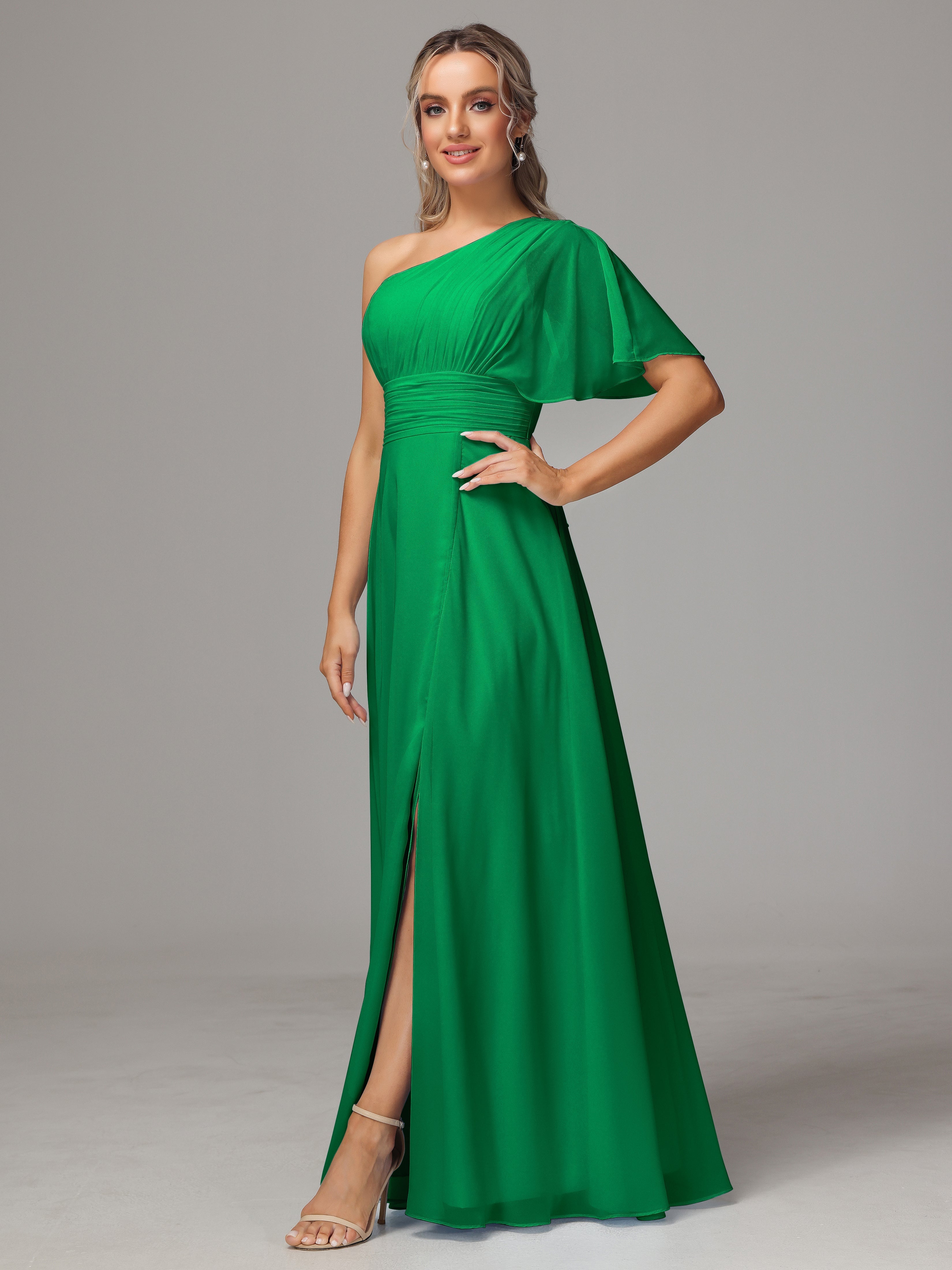 Wedding Party Robe Vert Emeraude Demoiselle D Honneur Fendue Seule Épaule Mousseline Robe Demoiselle D'Honneur