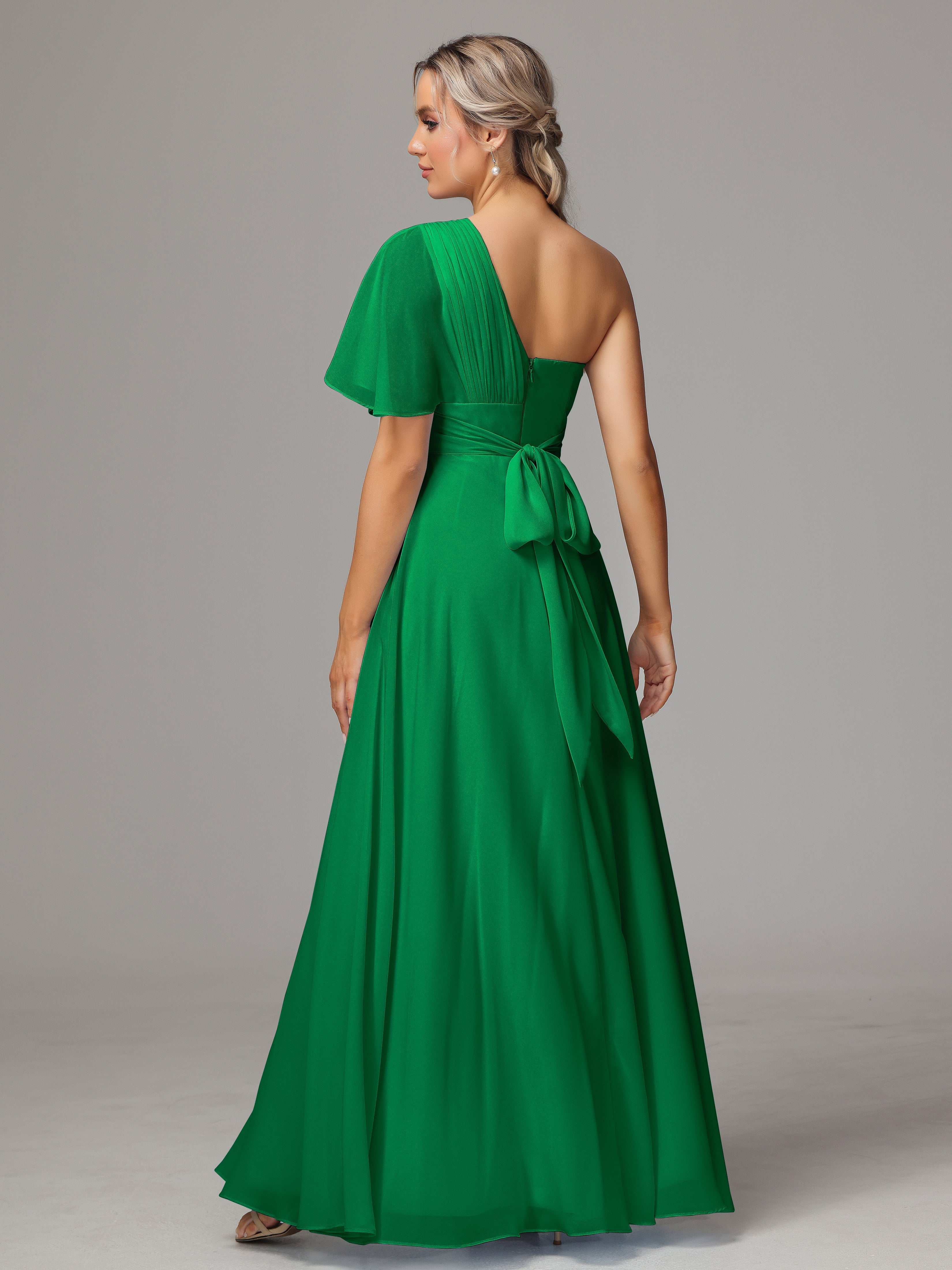 Wedding Party Robe Vert Emeraude Demoiselle D Honneur Fendue Seule Épaule Mousseline Robe Demoiselle D'Honneur