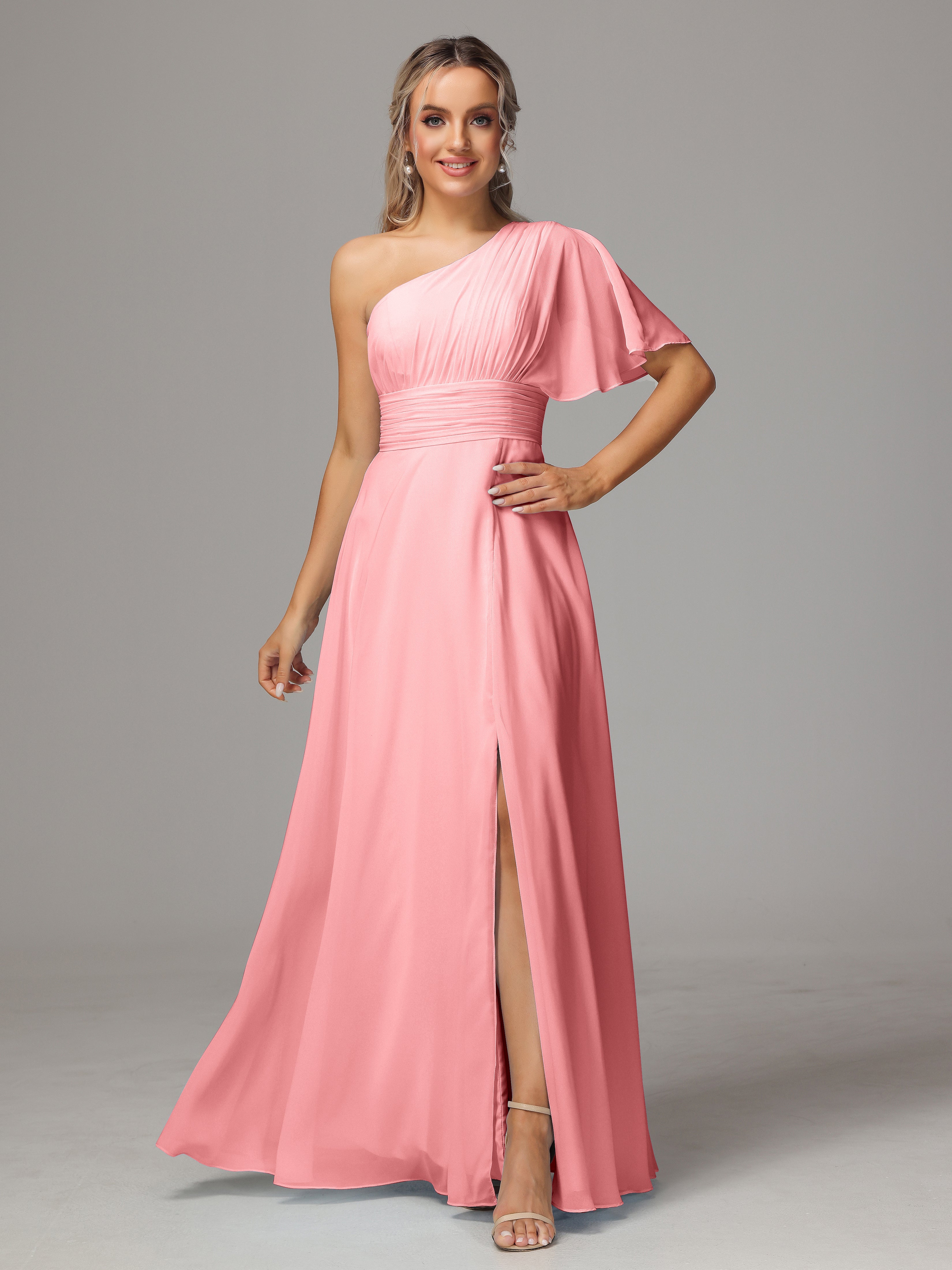 Robes De Demoiselle D'Honneur En Flamant Fendue Seule Épaule Mousseline Robe Demoiselle D'Honneur