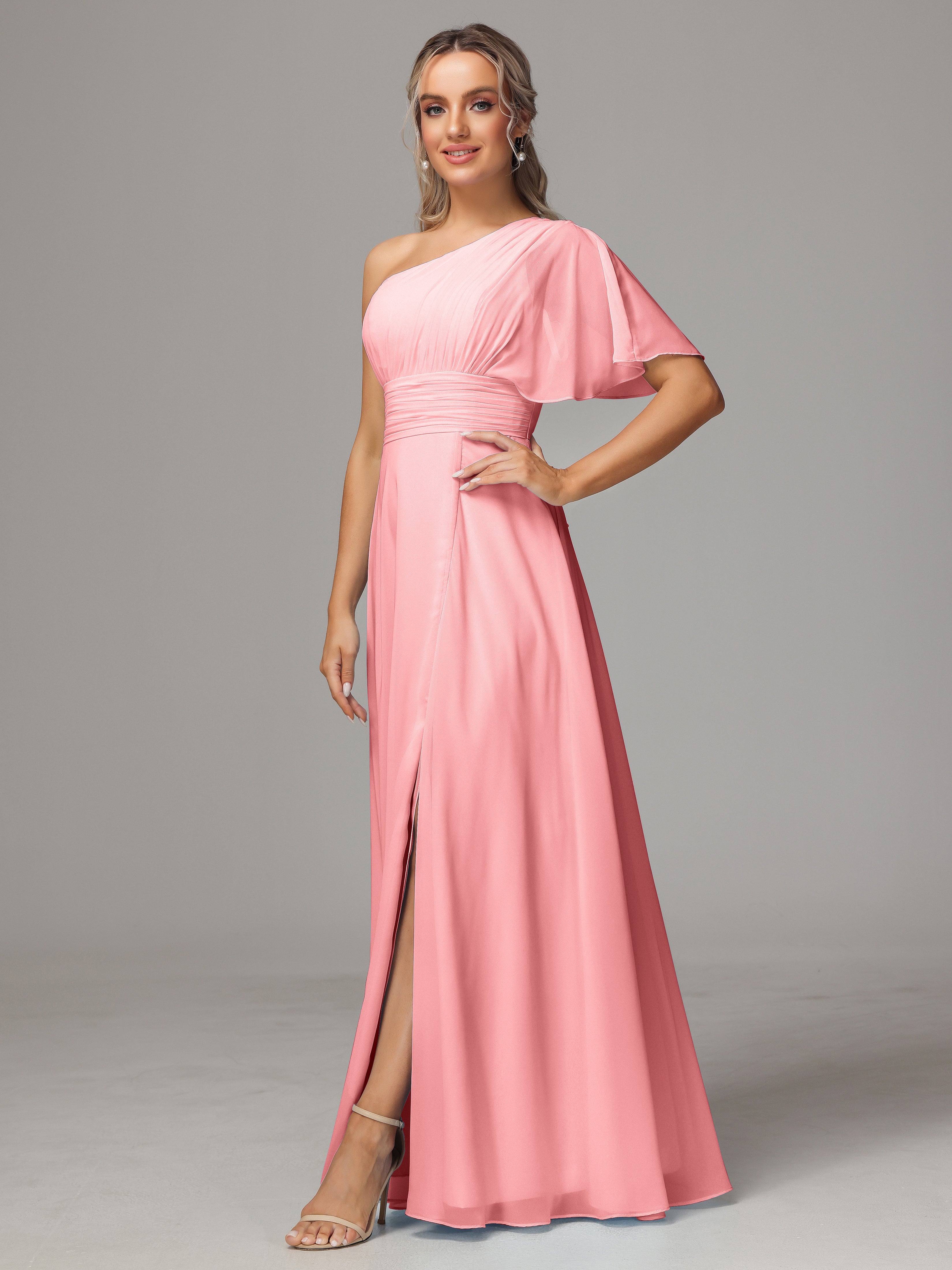 Robes De Demoiselle D'Honneur En Flamant Fendue Seule Épaule Mousseline Robe Demoiselle D'Honneur