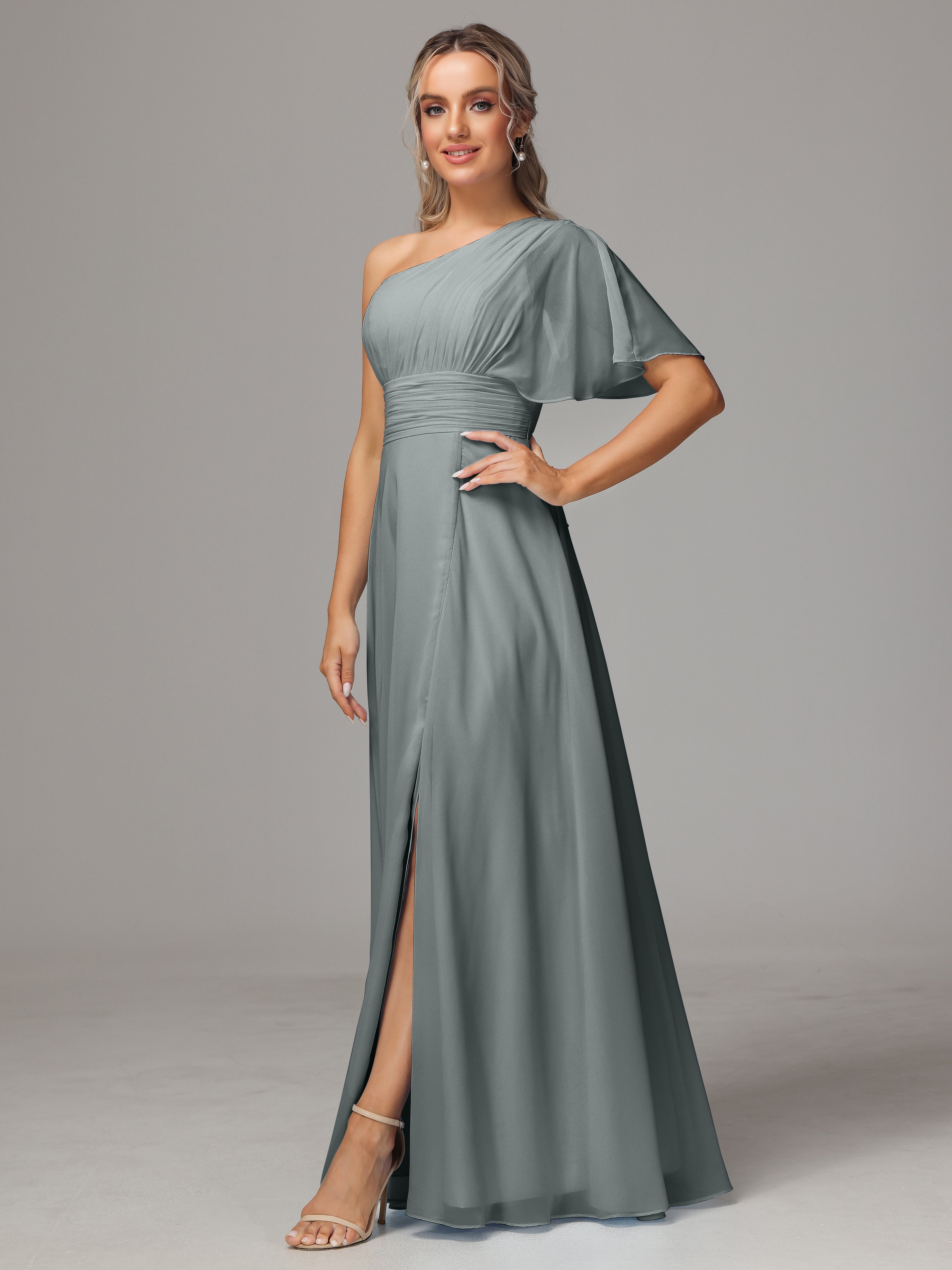 Robe Demoiselle D Honneur Grise Fendue Seule Épaule Mousseline Robe Demoiselle D'Honneur