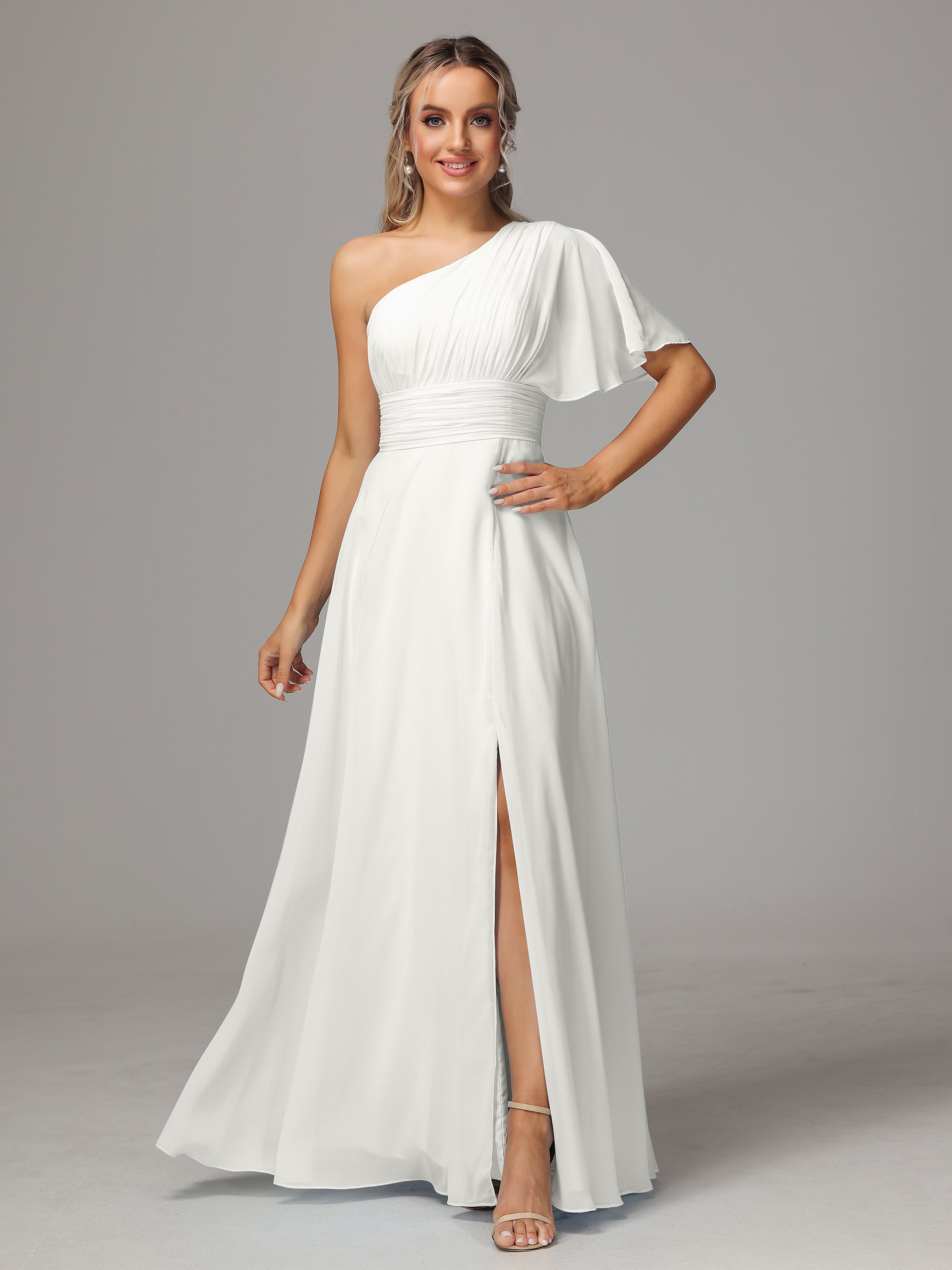 Robe De Demoiselle D Honneur Ivoire Fendue Seule Épaule Mousseline Robe Demoiselle D'Honneur