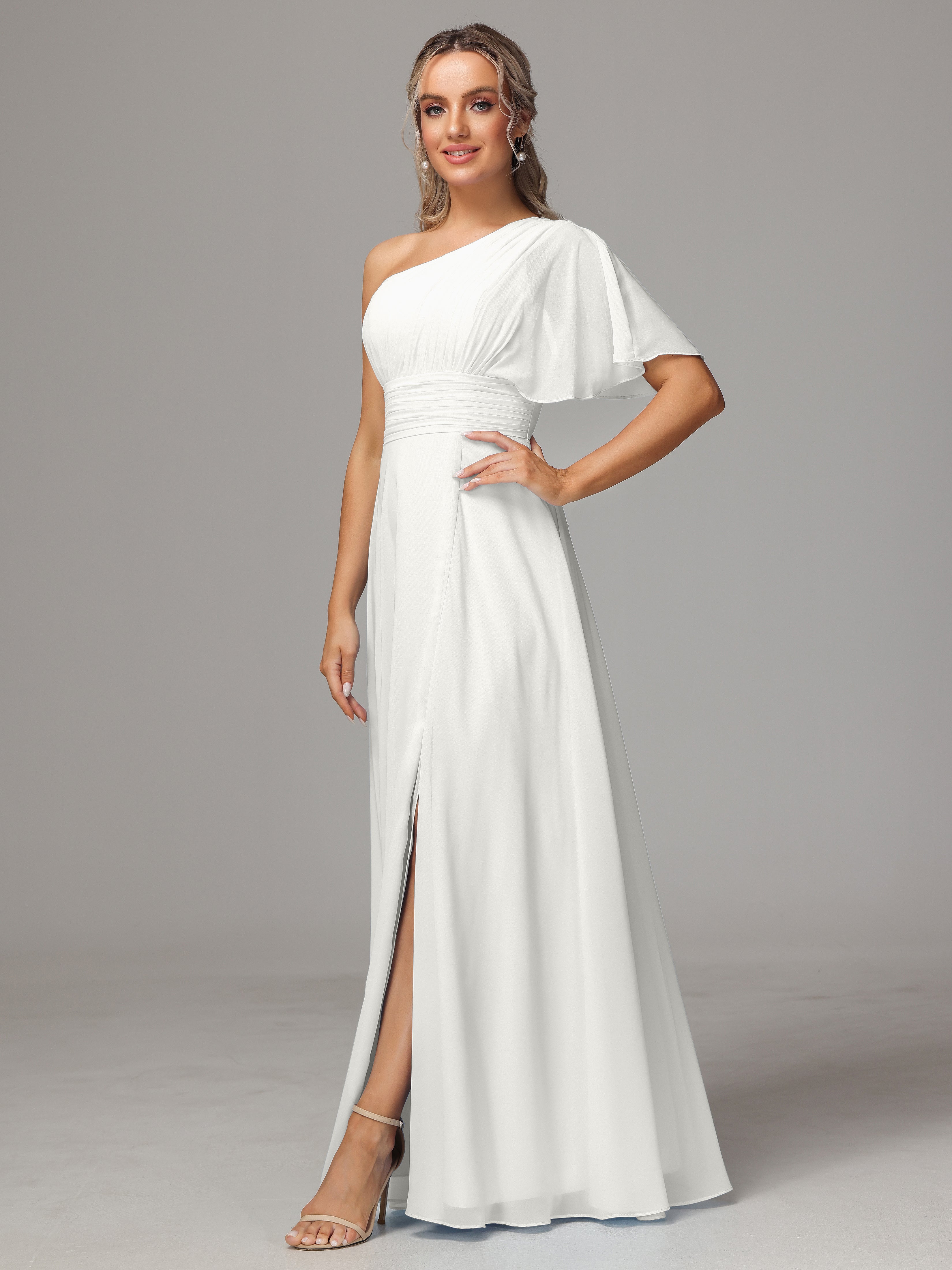 Robe De Demoiselle D Honneur Ivoire Fendue Seule Épaule Mousseline Robe Demoiselle D'Honneur