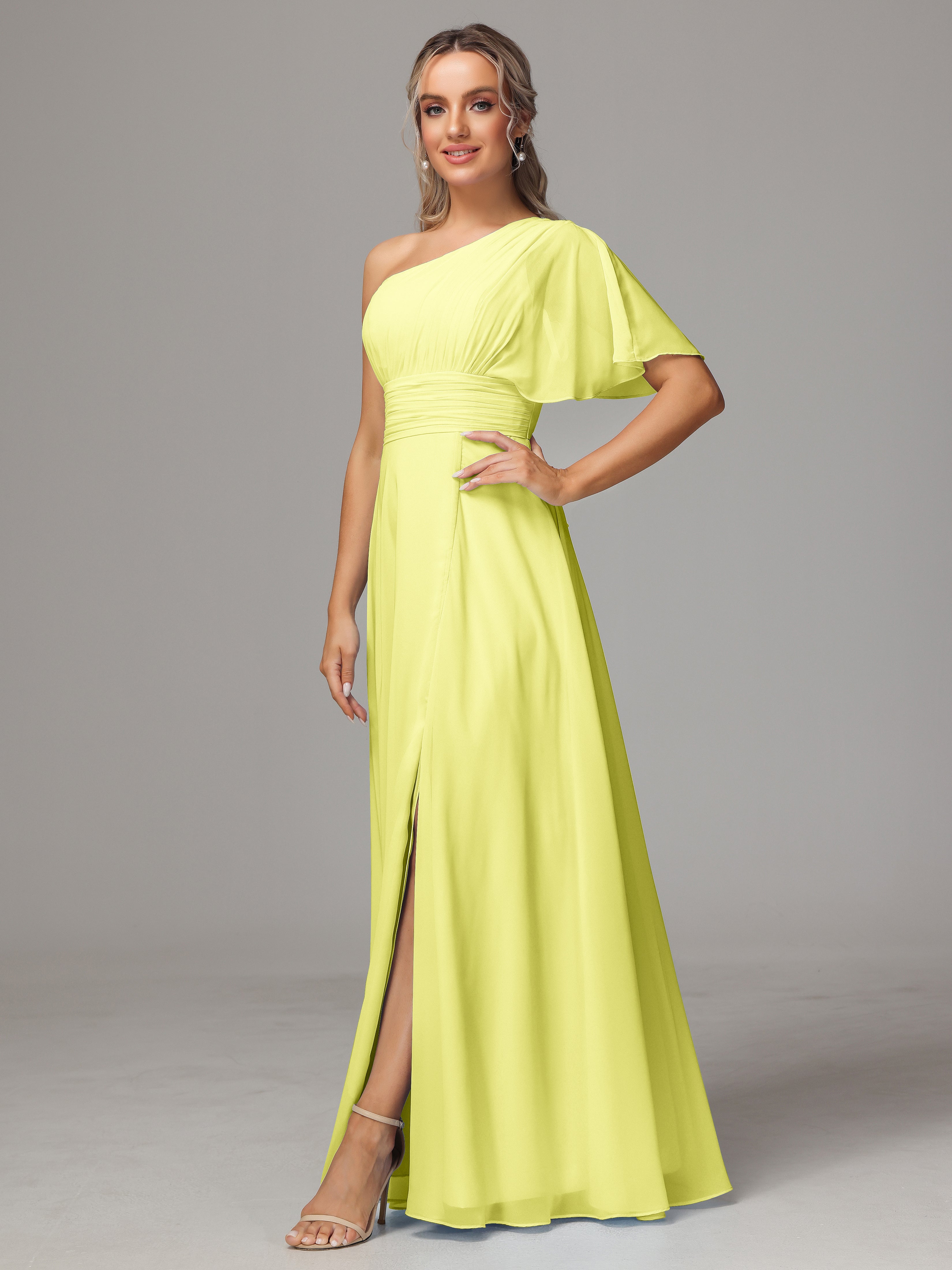 Robes De Demoiselle D'Honneur Jonquille Fendue Seule Épaule Mousseline Robe Demoiselle D'Honneur