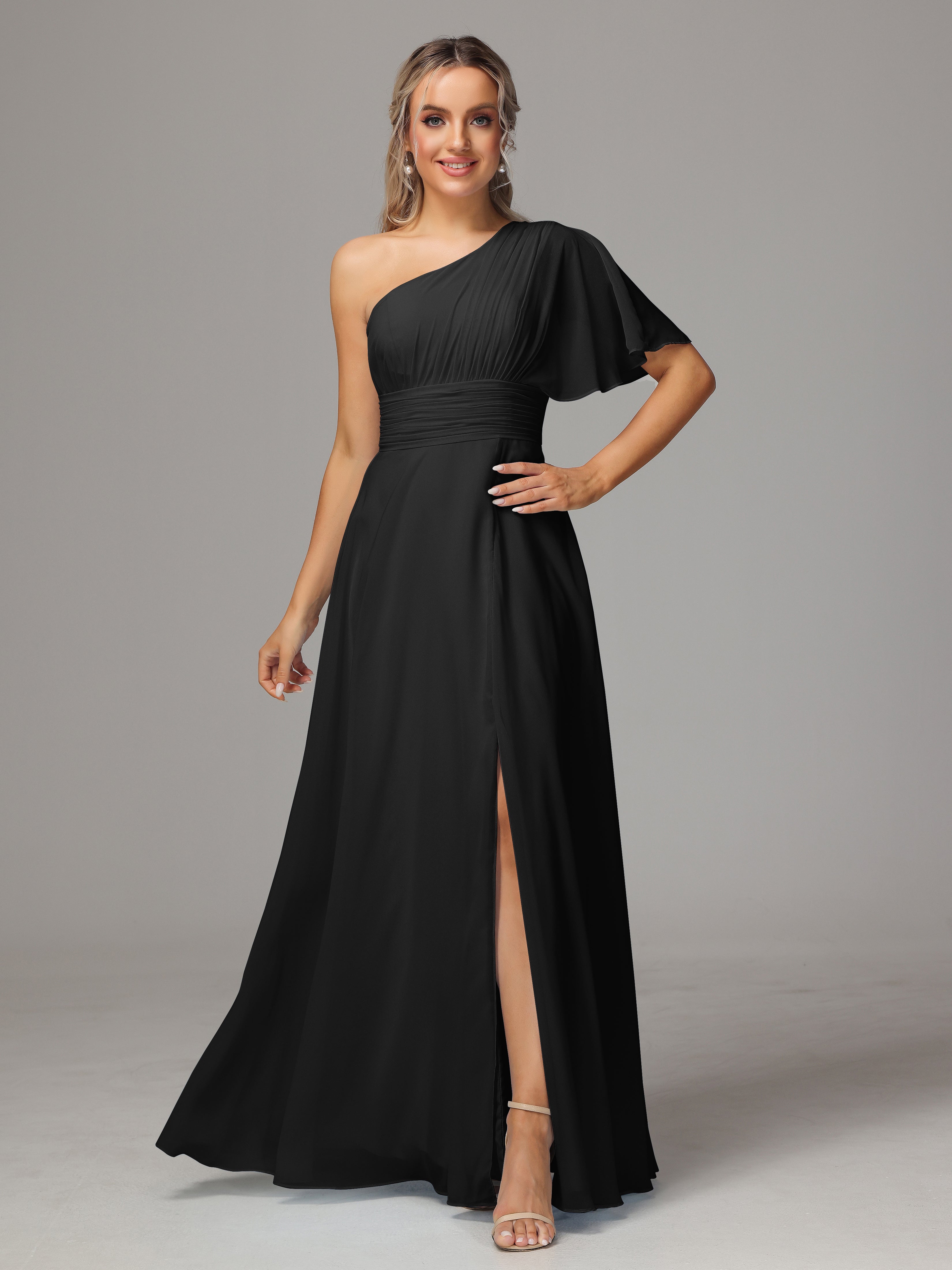 Demoiselle D Honneur Robe Noir Fendue Seule Épaule Mousseline Robe Demoiselle D'Honneur