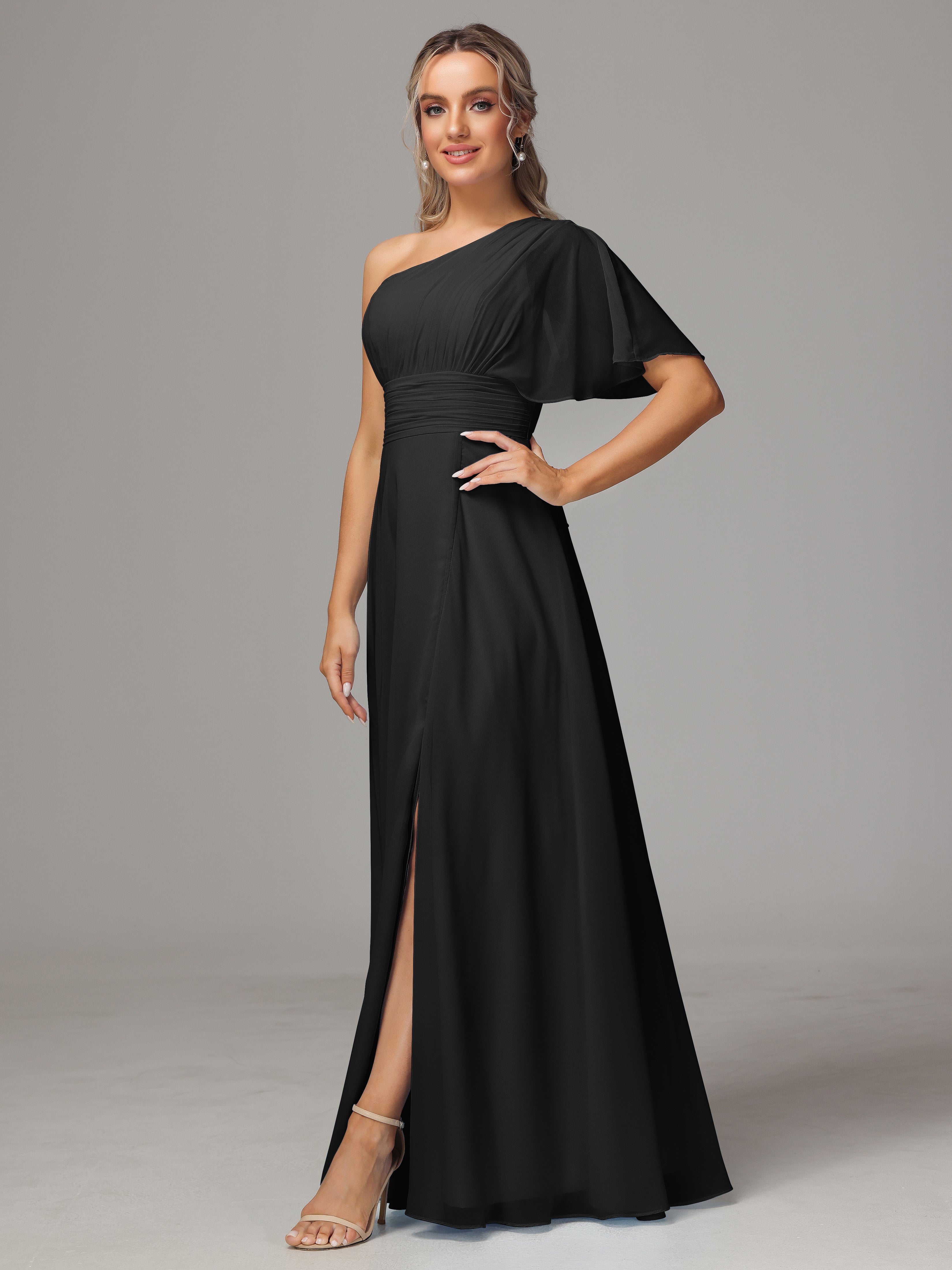 Demoiselle D Honneur Robe Noir Fendue Seule Épaule Mousseline Robe Demoiselle D'Honneur
