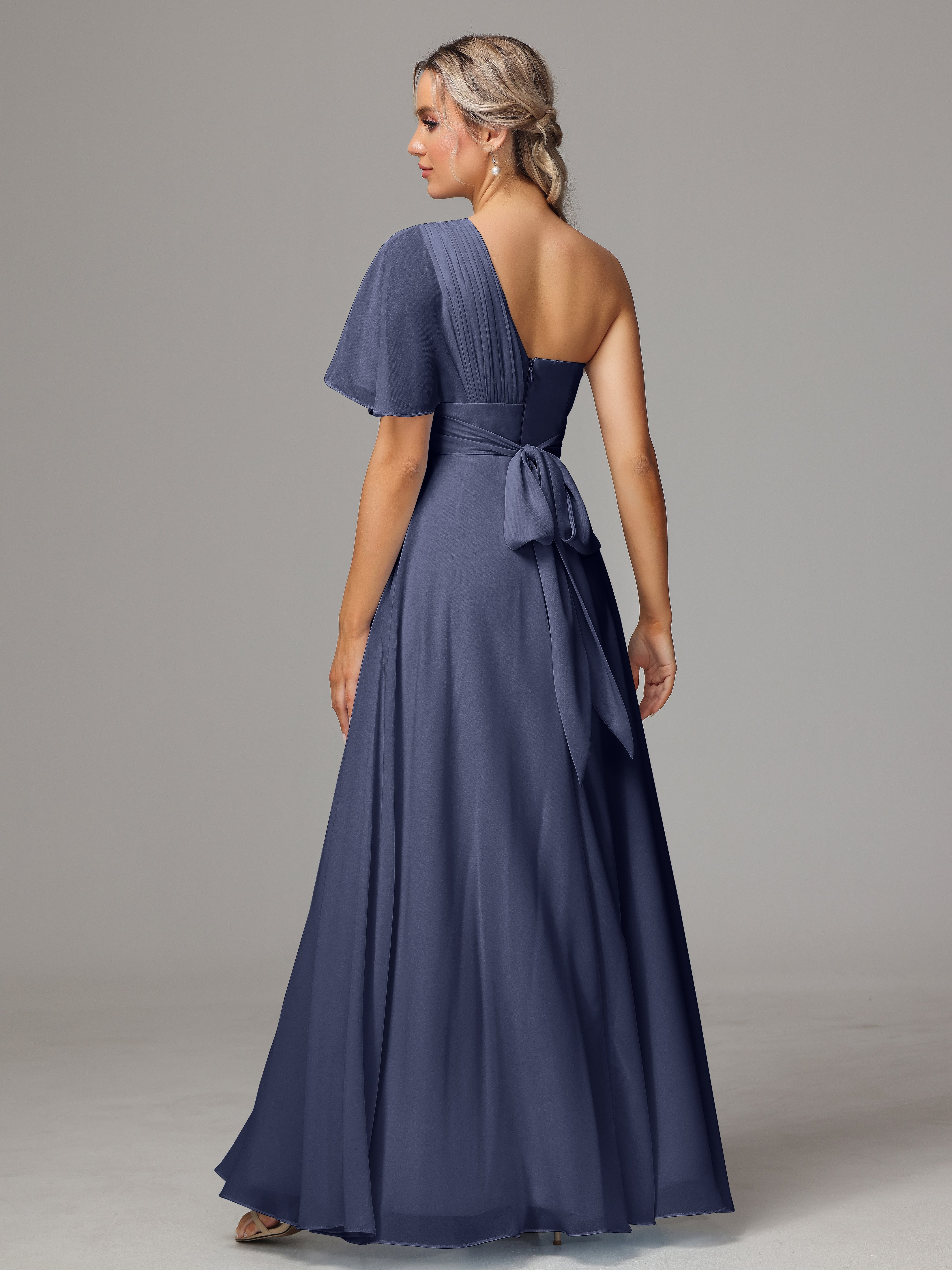 Robes De Demoiselle D'Honneur Bleu Orageux Fendue Seule Épaule Mousseline Robe Demoiselle D'Honneur