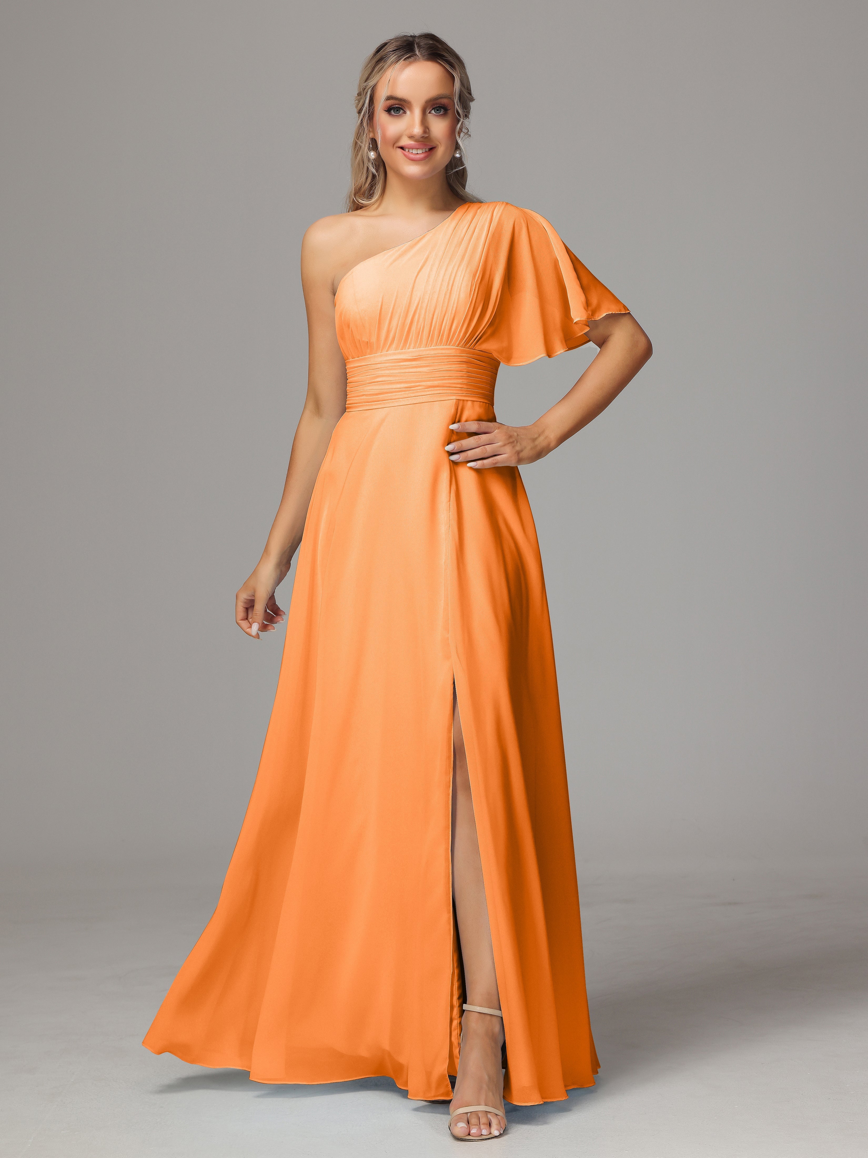 Robe Orange Demoiselle D Honneur Fendue Seule Épaule Mousseline Robe Demoiselle D'Honneur