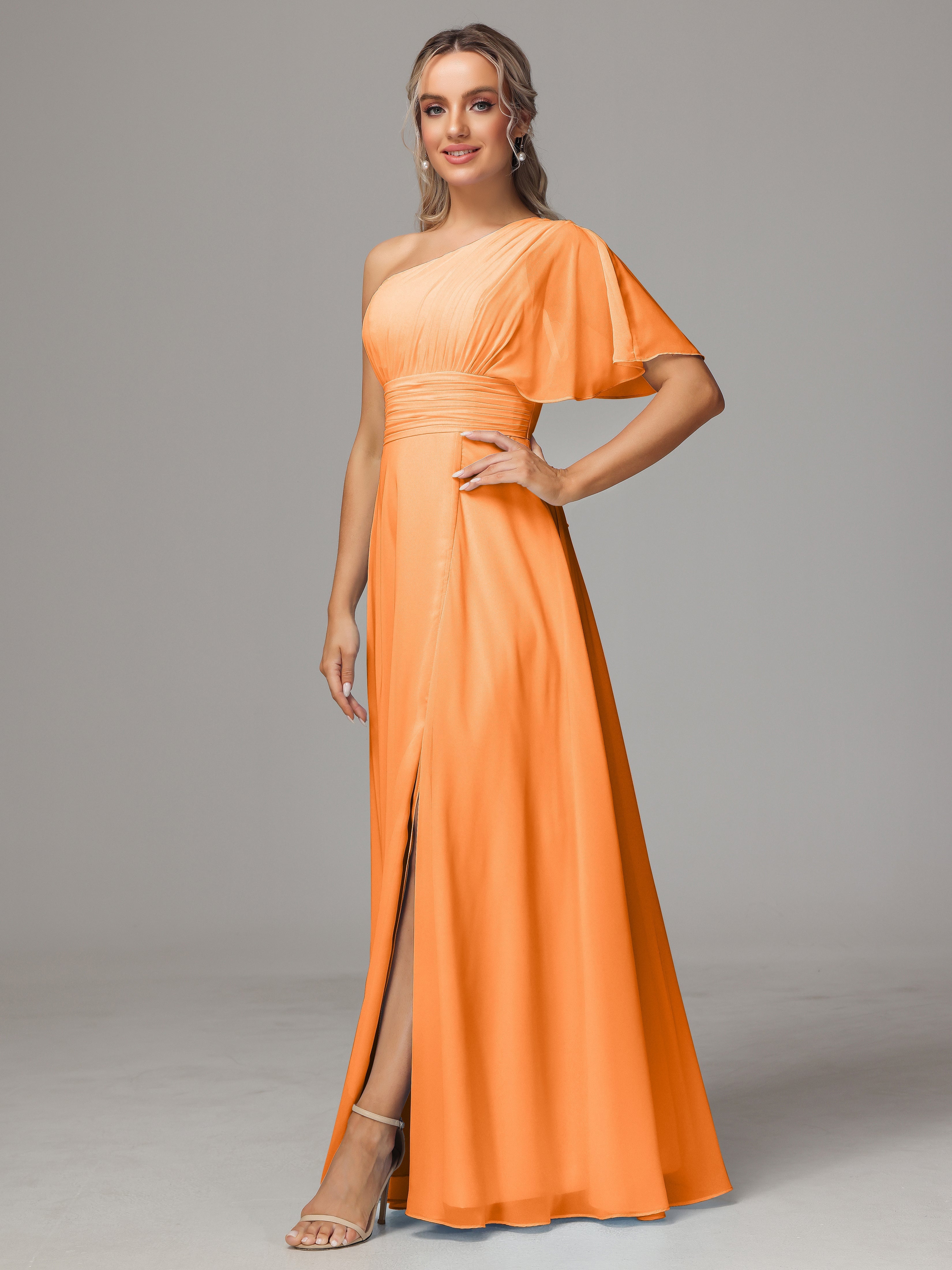 Robe Orange Demoiselle D Honneur Fendue Seule Épaule Mousseline Robe Demoiselle D'Honneur