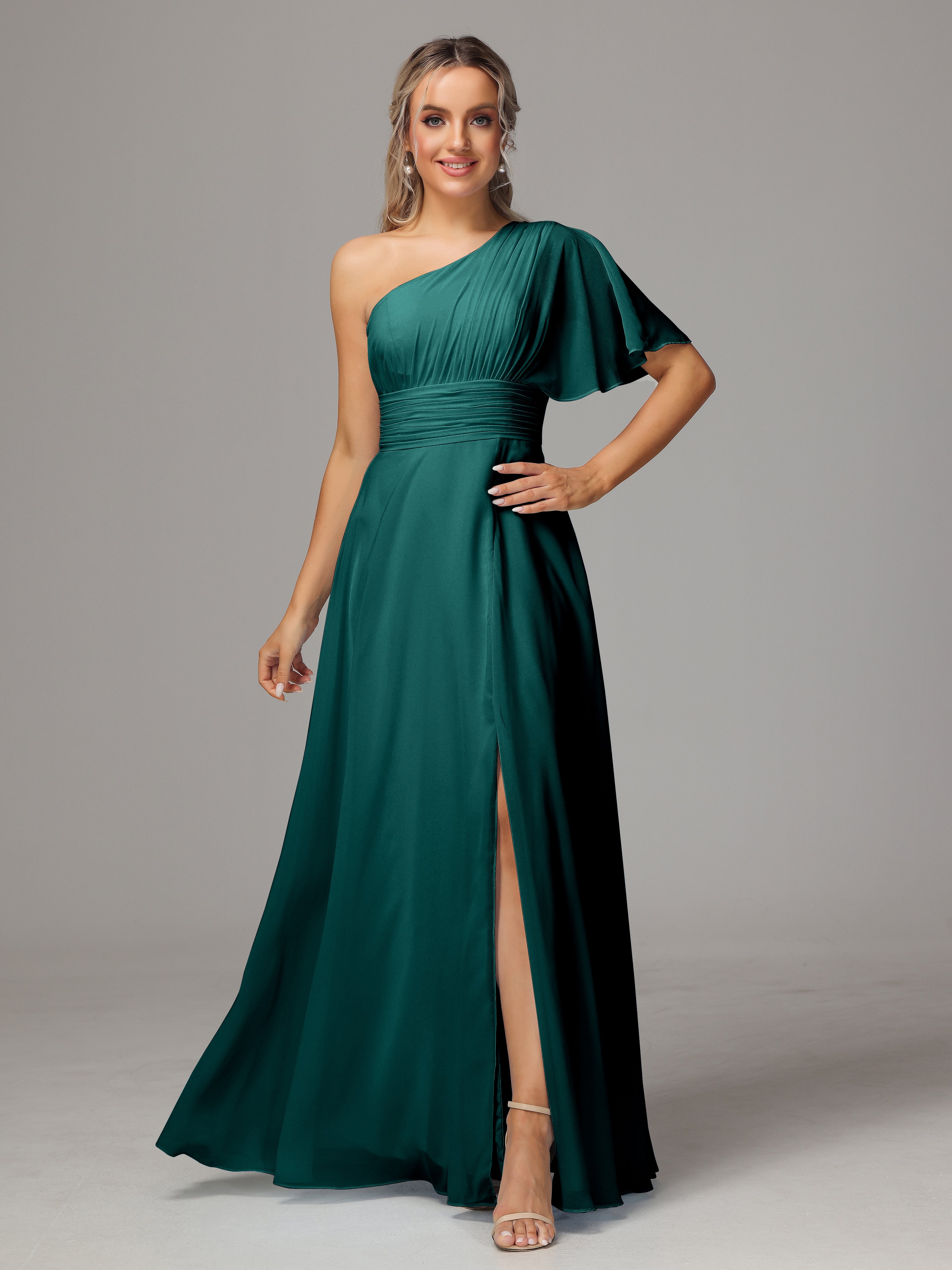 Robes De Demoiselle D'Honneur Couleur Paon Fendue Seule Épaule Mousseline Robe Demoiselle D'Honneur