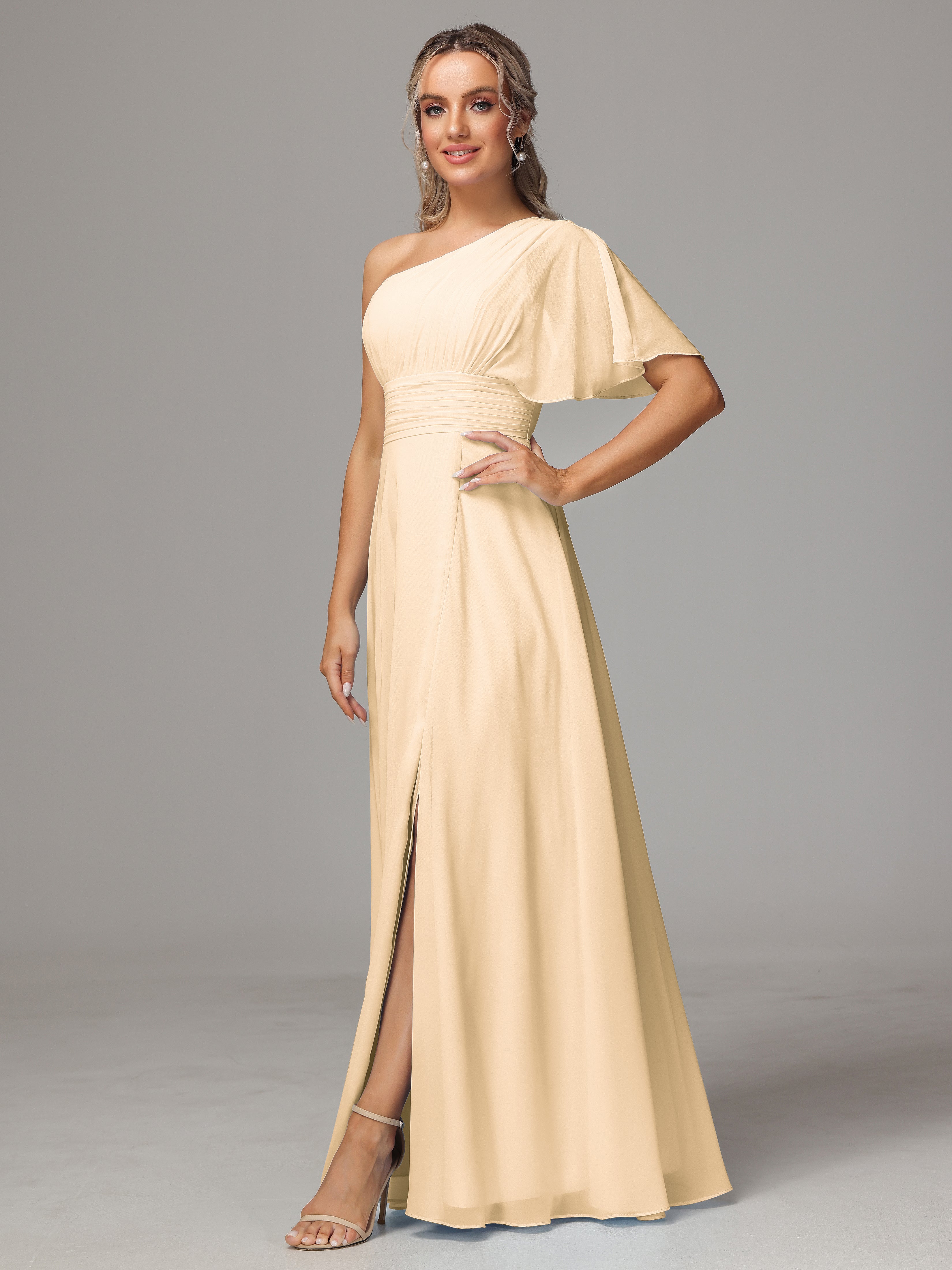 Robe Pêche Demoiselle D Honneur Fendue Seule Épaule Mousseline Robe Demoiselle D'Honneur