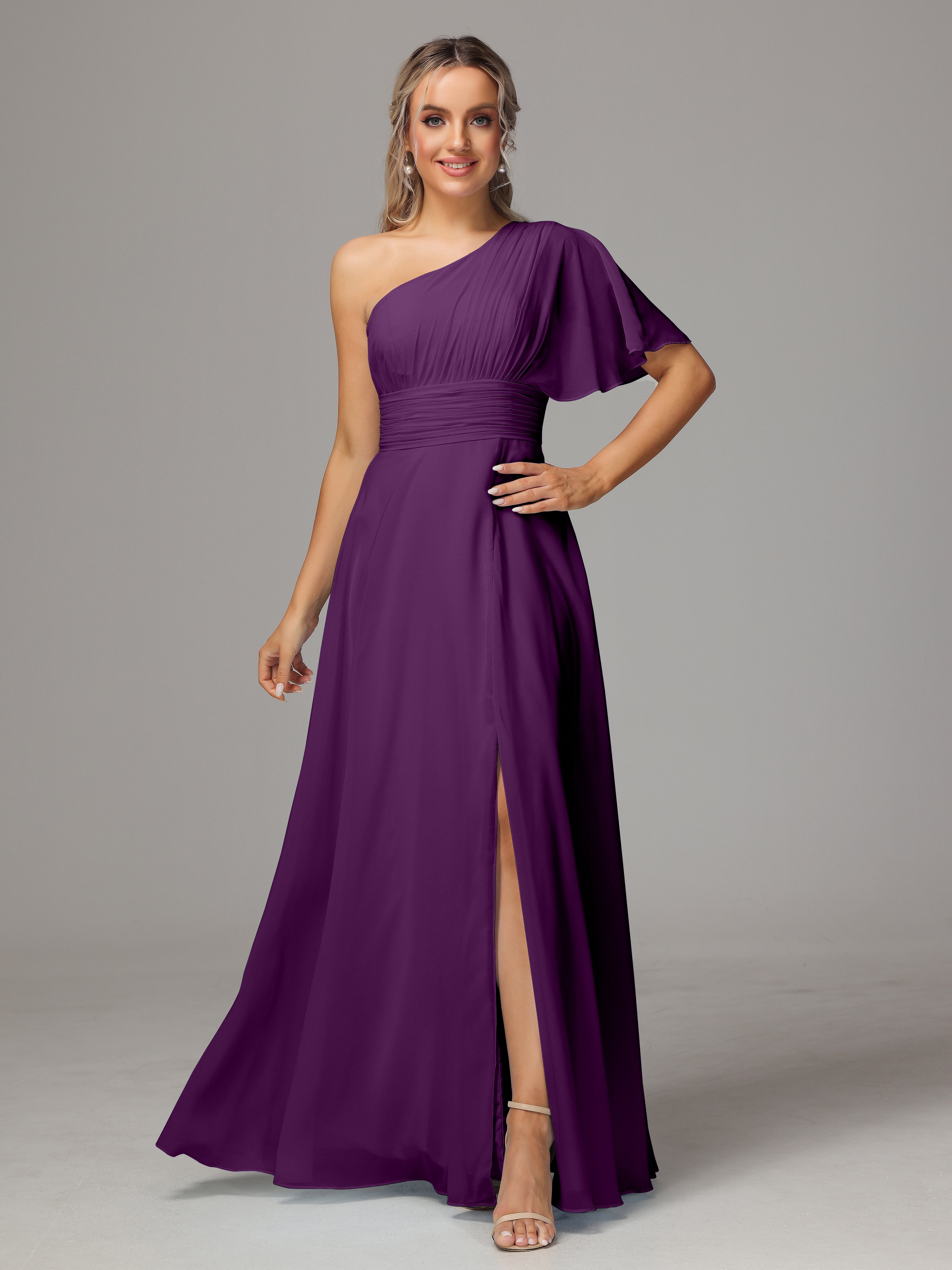 Robes De Demoiselle D'Honneur En Raisin Fendue Seule Épaule Mousseline Robe Demoiselle D'Honneur