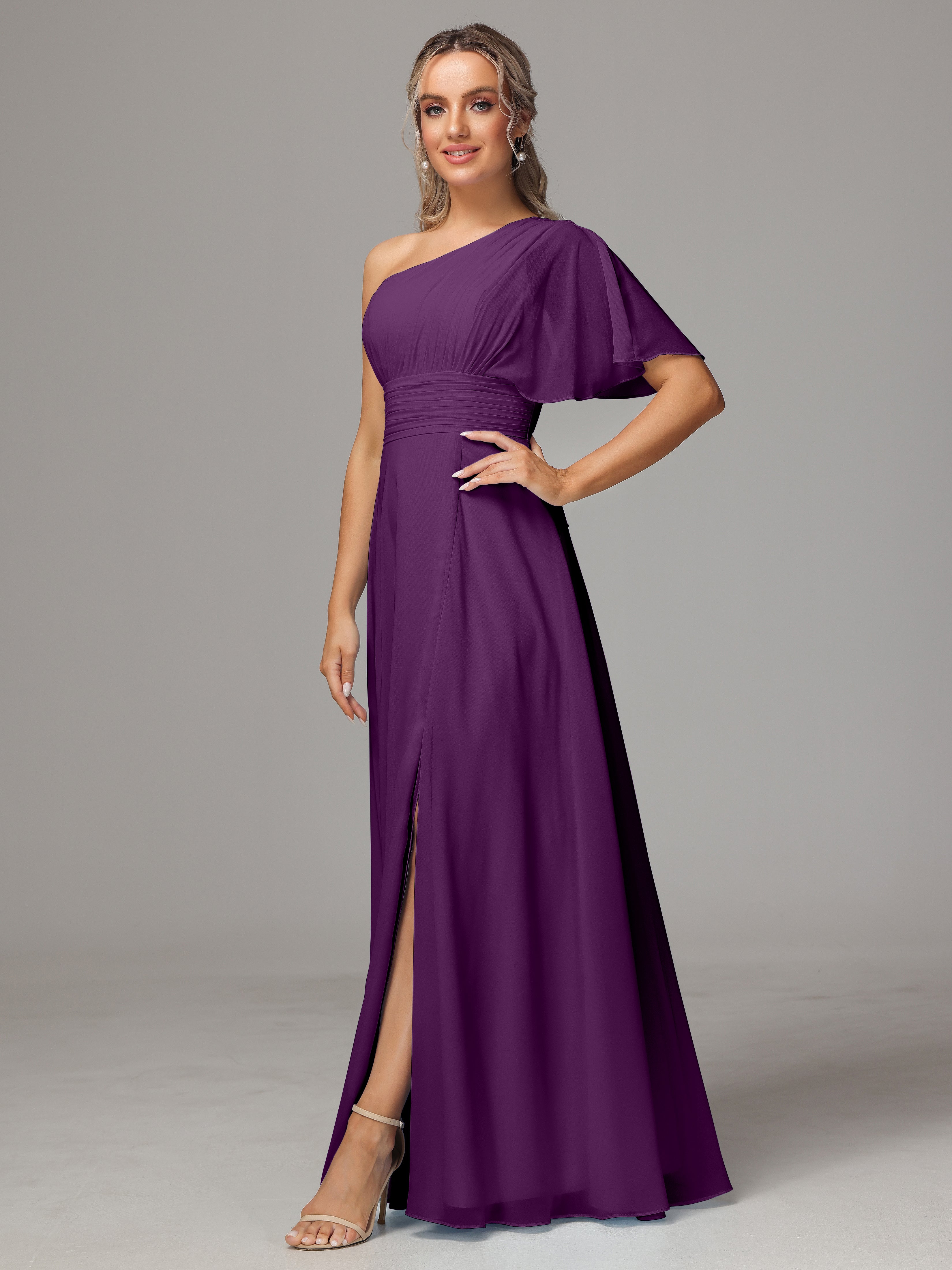 Robes De Demoiselle D'Honneur En Raisin Fendue Seule Épaule Mousseline Robe Demoiselle D'Honneur