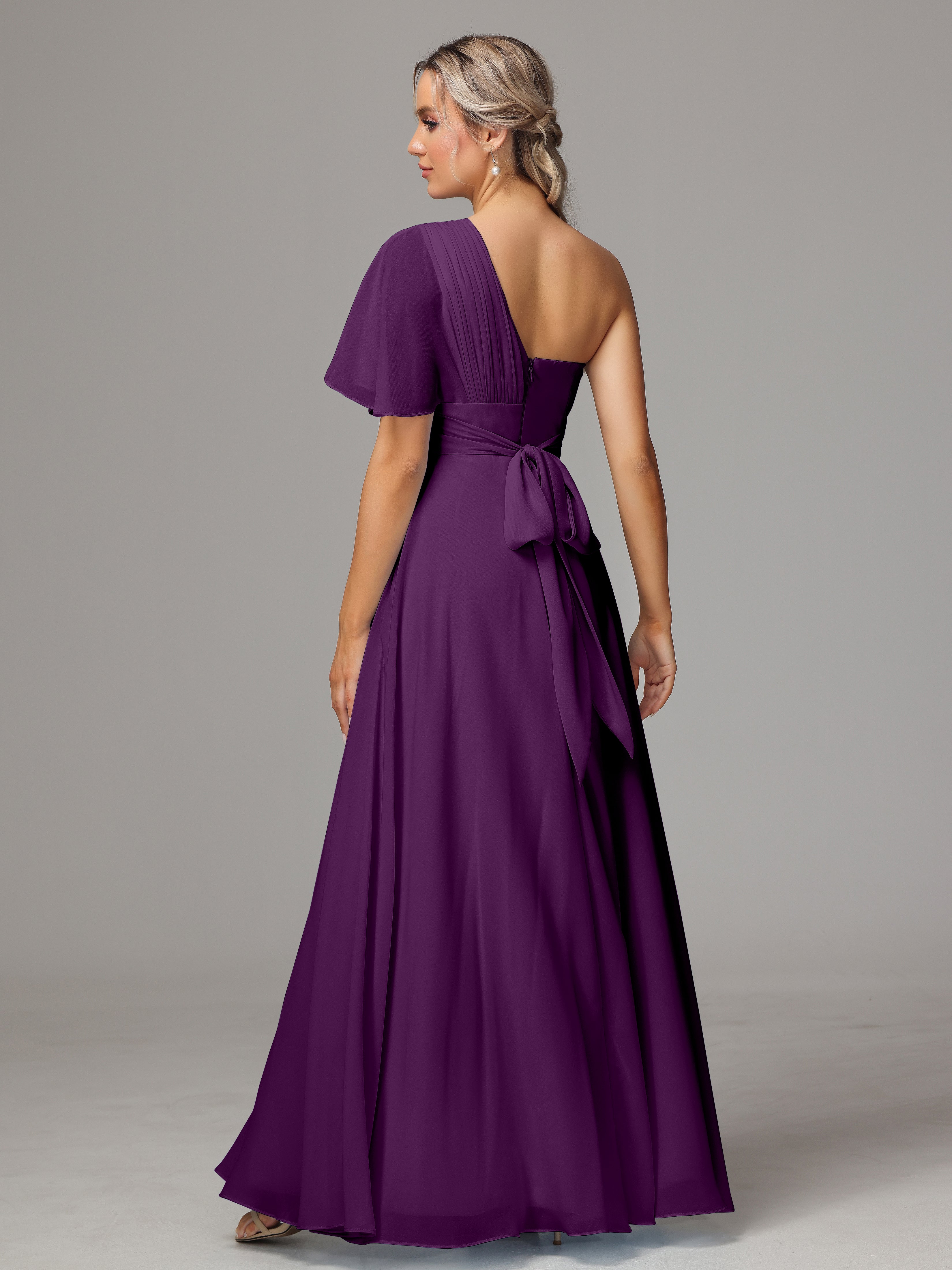 Robes De Demoiselle D'Honneur En Raisin Fendue Seule Épaule Mousseline Robe Demoiselle D'Honneur