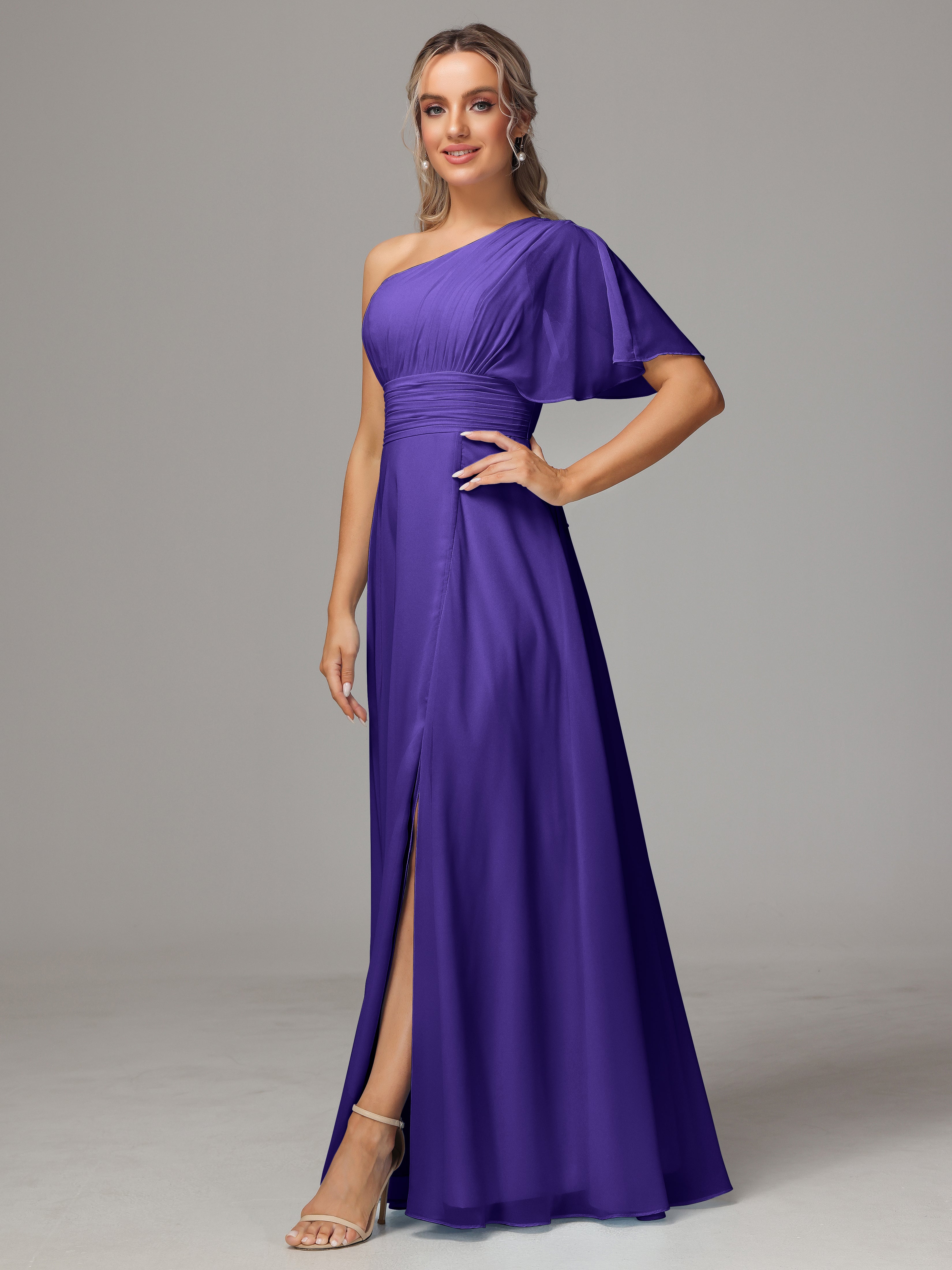 Robes De Demoiselle D'Honneur En Régence Fendue Seule Épaule Mousseline Robe Demoiselle D'Honneur