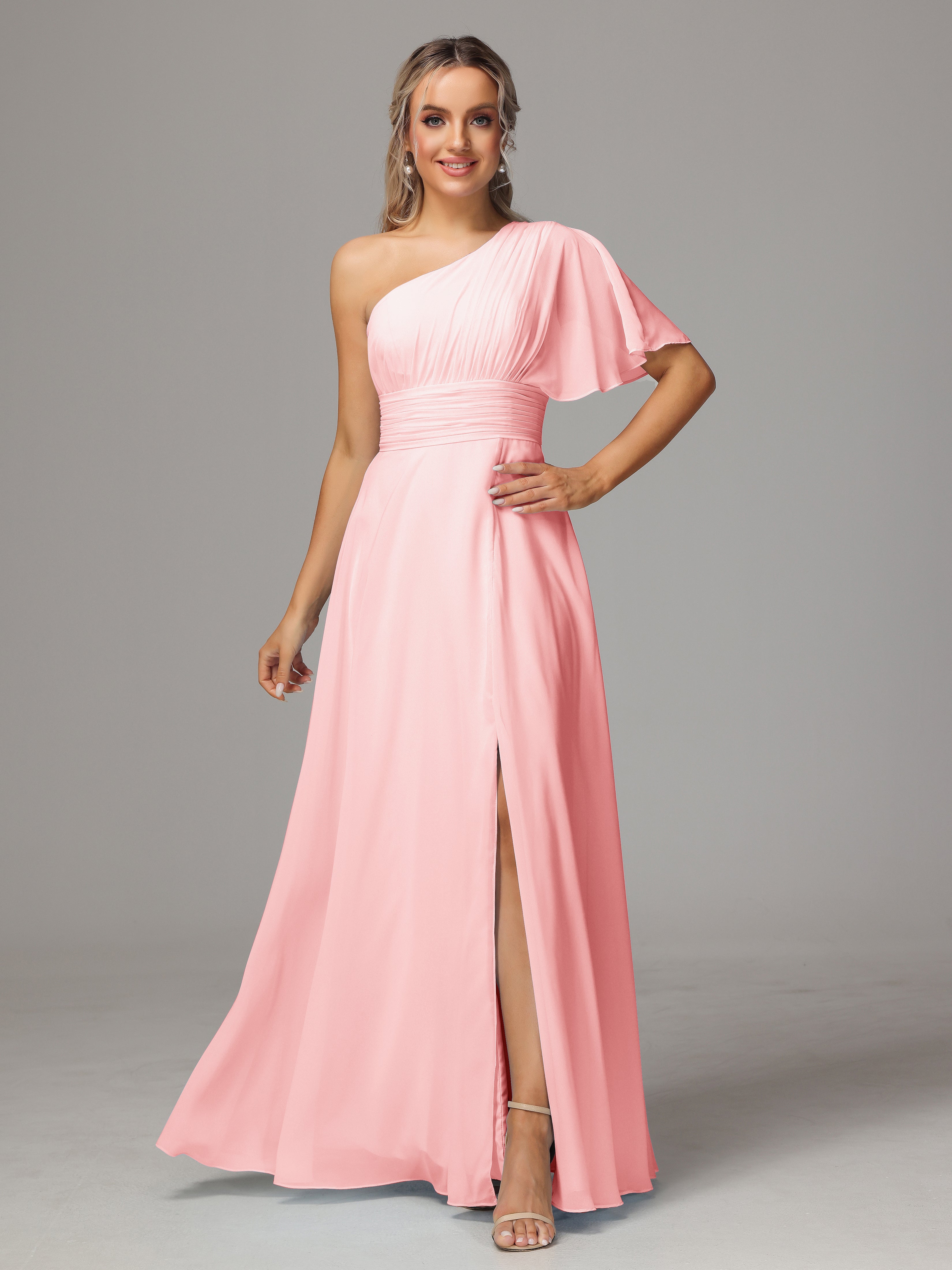 Robes De Demoiselle D'Honneur Roses Longues Seule Épaule Mousseline Robe Demoiselle D'Honneur