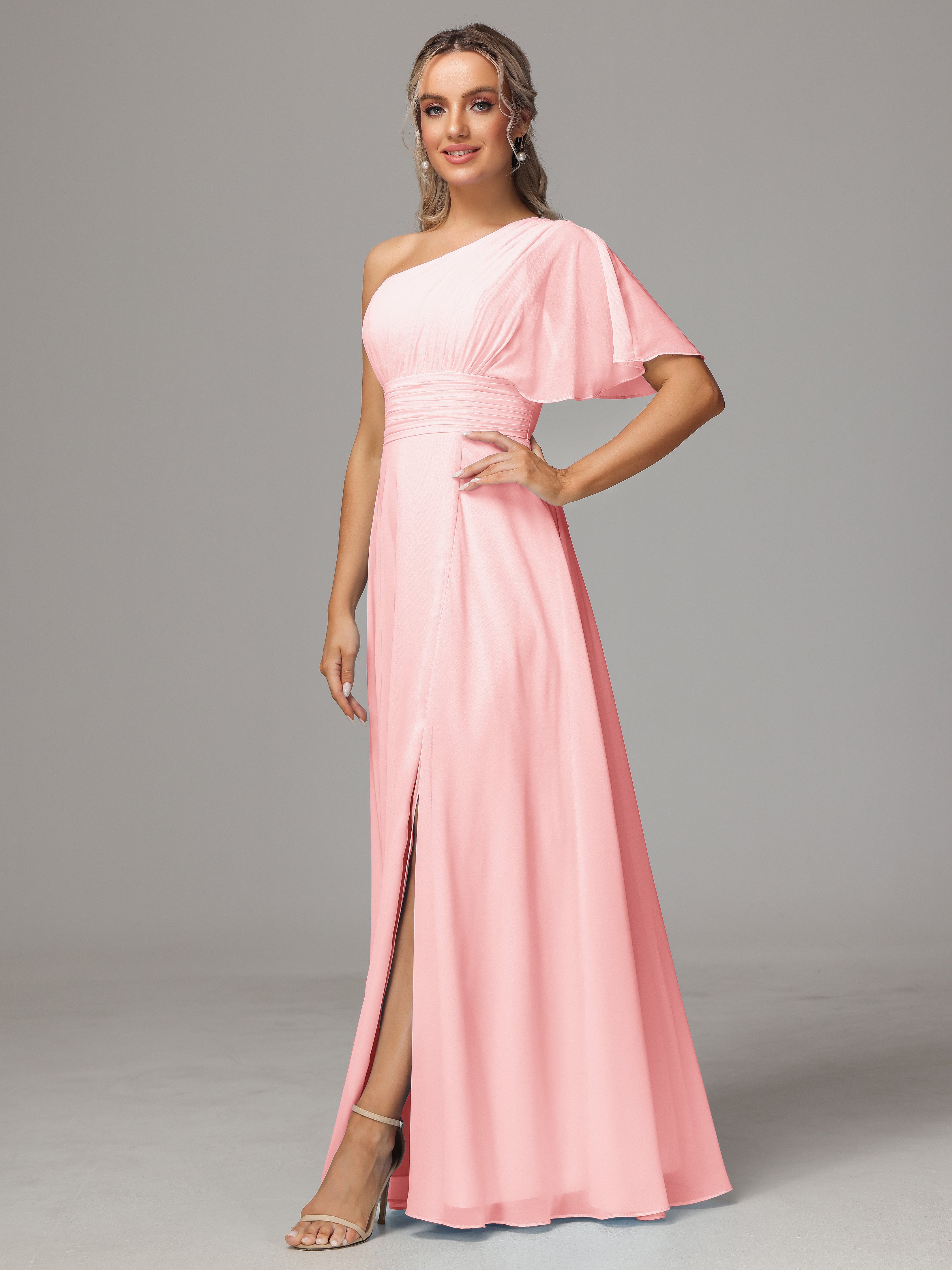 Robes De Demoiselle D'Honneur Roses Longues Seule Épaule Mousseline Robe Demoiselle D'Honneur