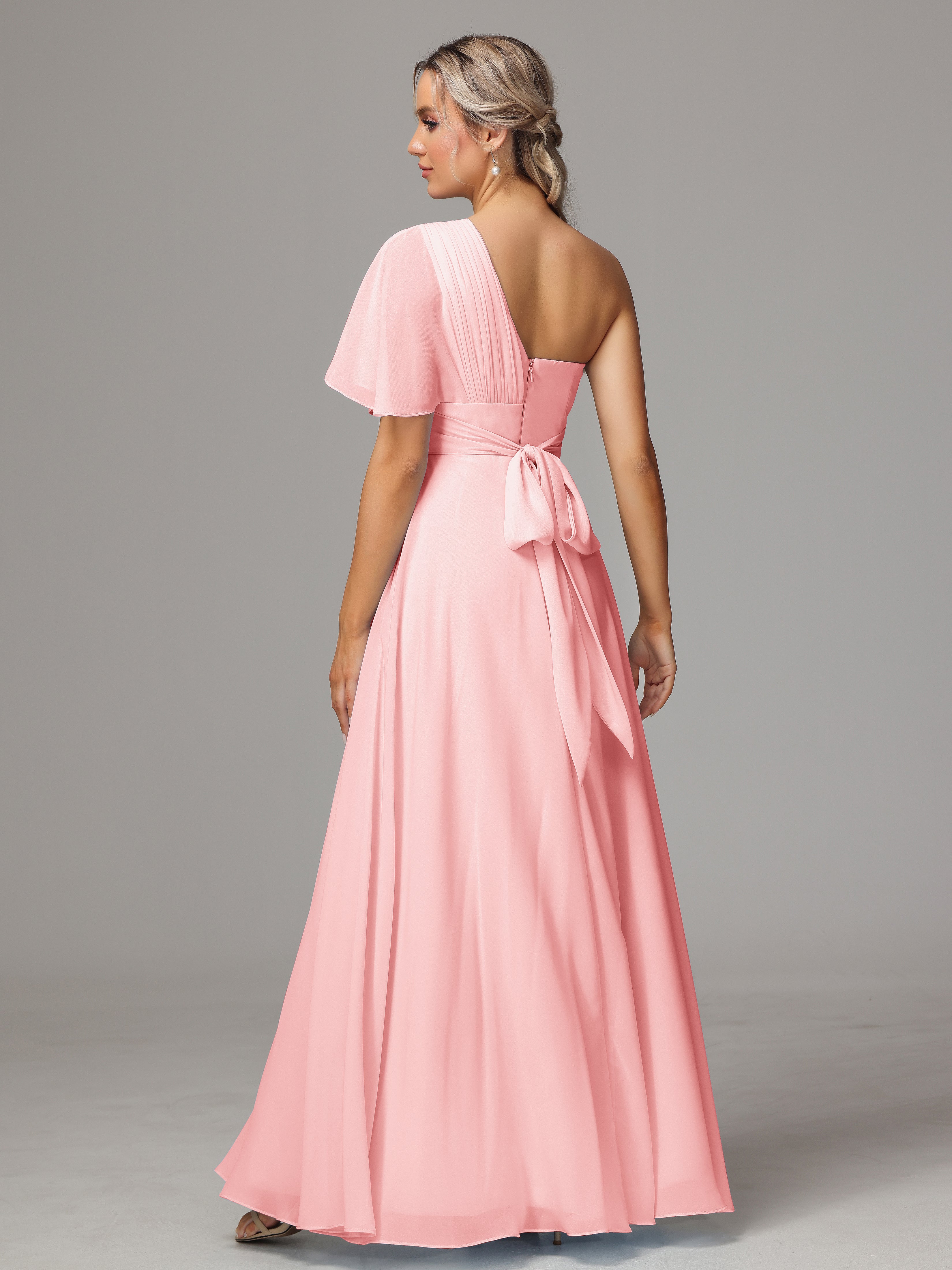 Robes De Demoiselle D'Honneur Roses Longues Seule Épaule Mousseline Robe Demoiselle D'Honneur