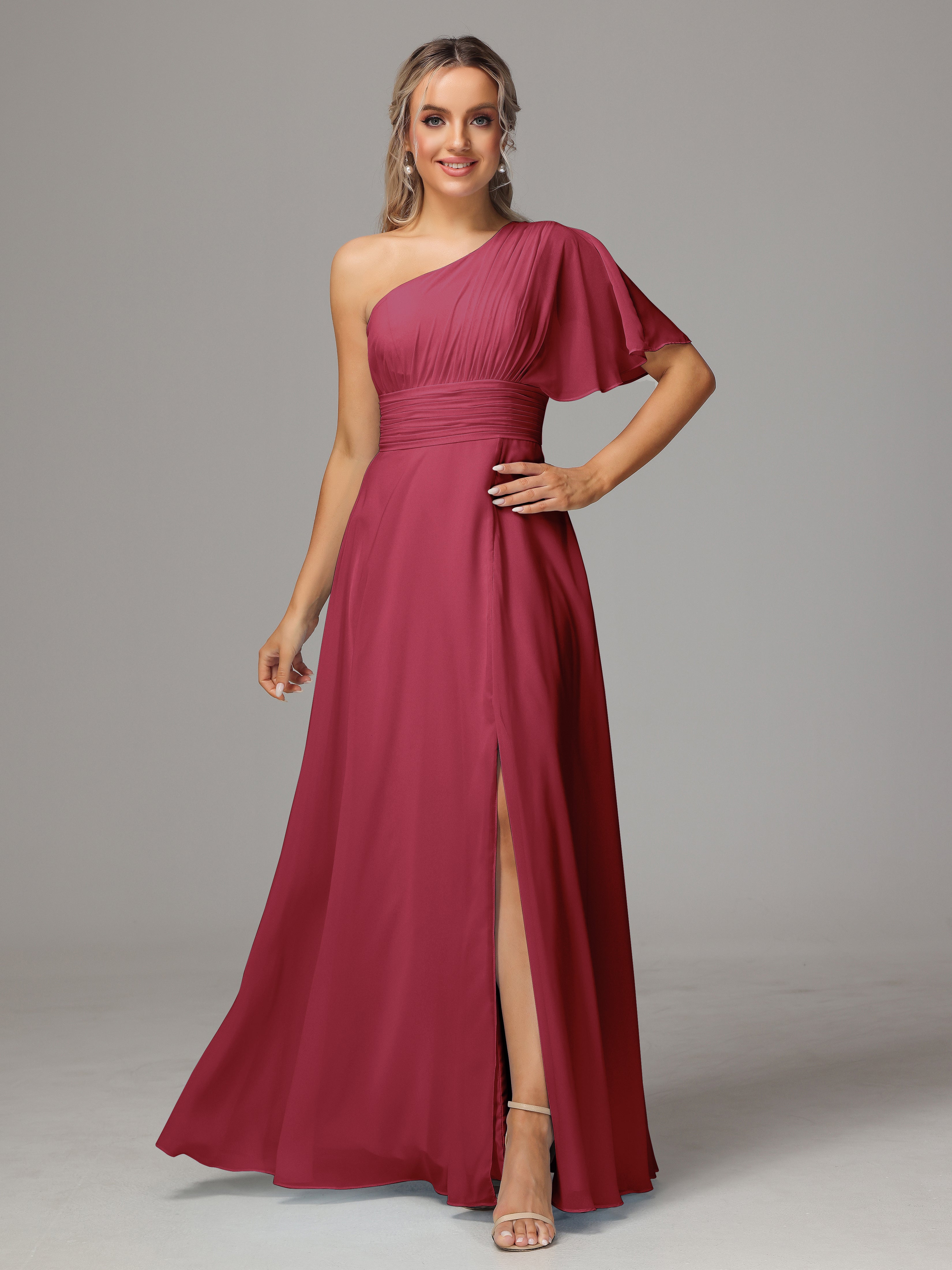 Robe Demoiselle D Honneur Rose Cannelle Seule Épaule Mousseline Robe Demoiselle D'Honneur