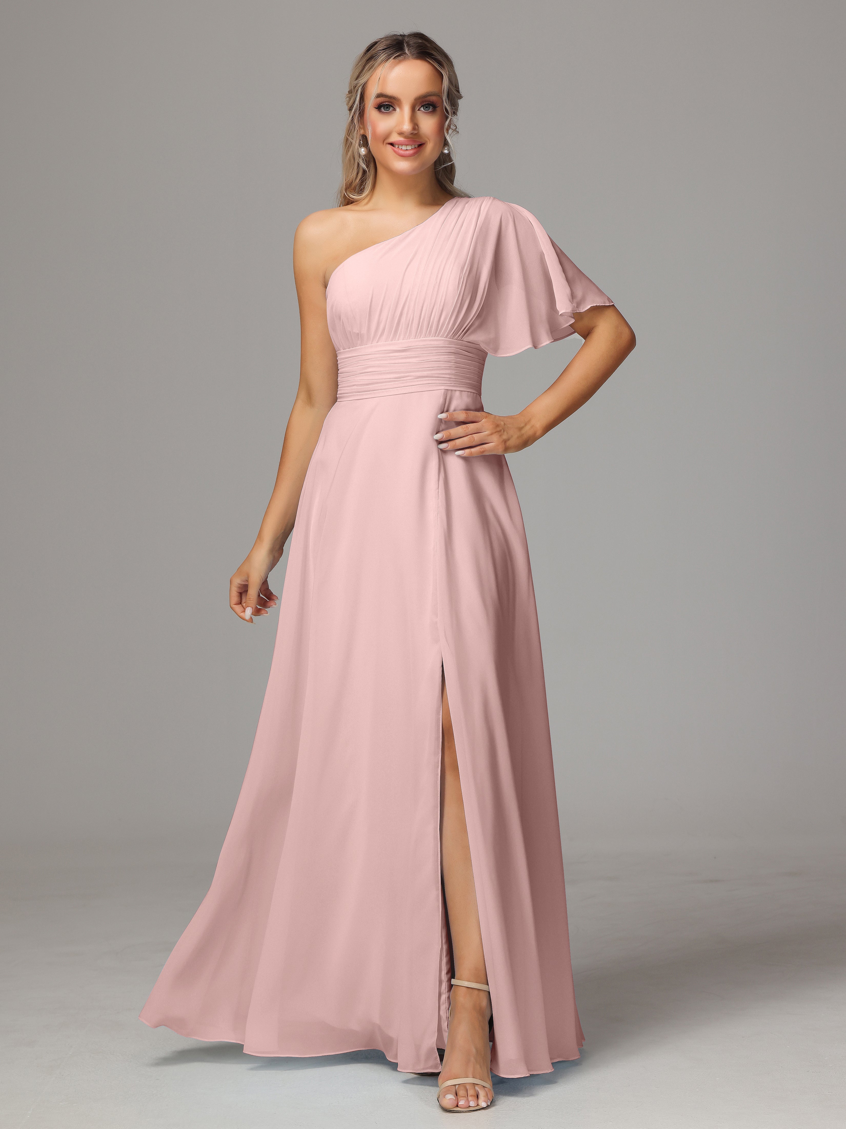 Robe Rose Poudré Mariage Demoiselle D Honneur Fendue Seule Épaule Mousseline Robe Demoiselle D'Honneur