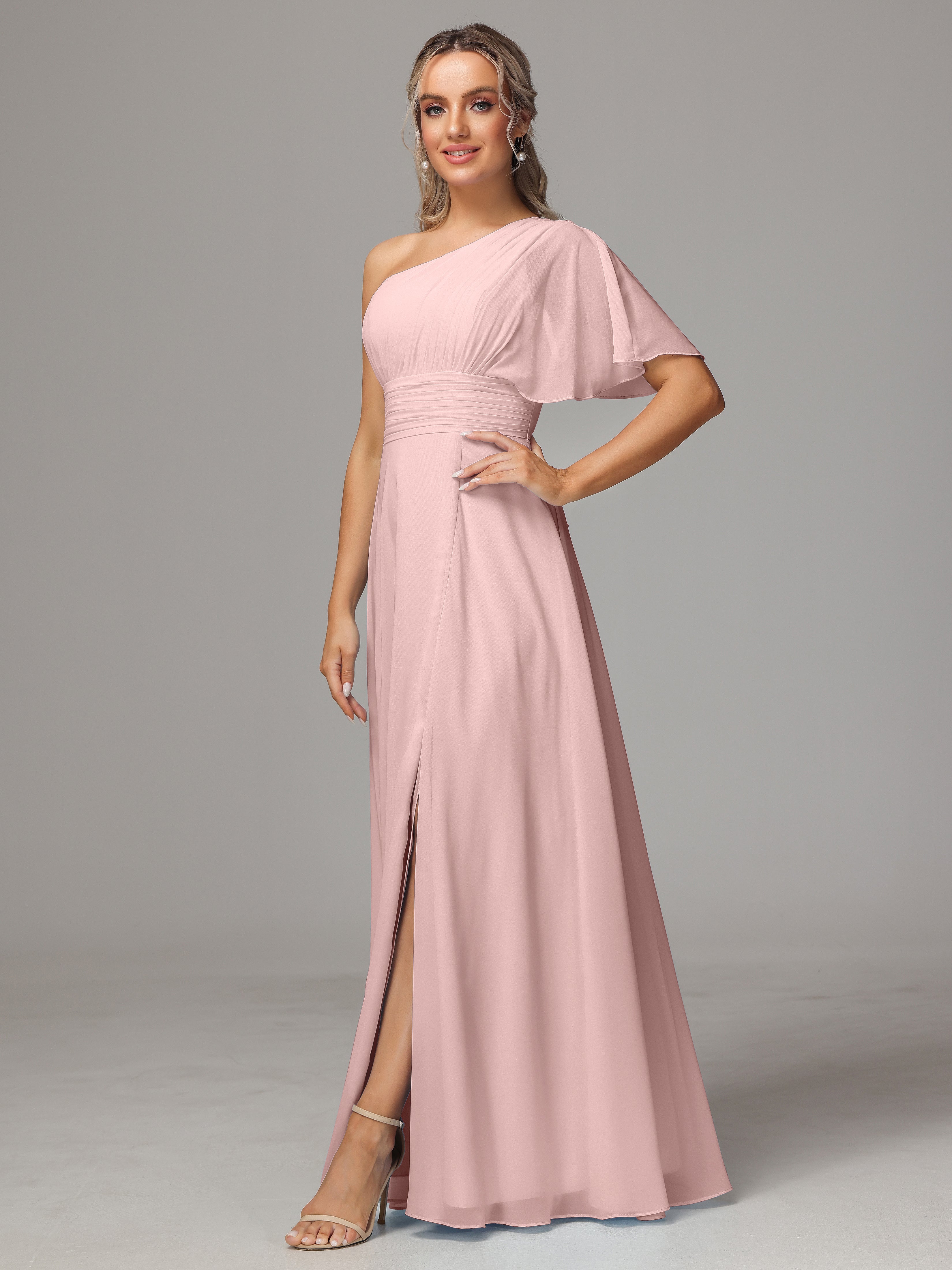 Robe Rose Poudré Mariage Demoiselle D Honneur Fendue Seule Épaule Mousseline Robe Demoiselle D'Honneur