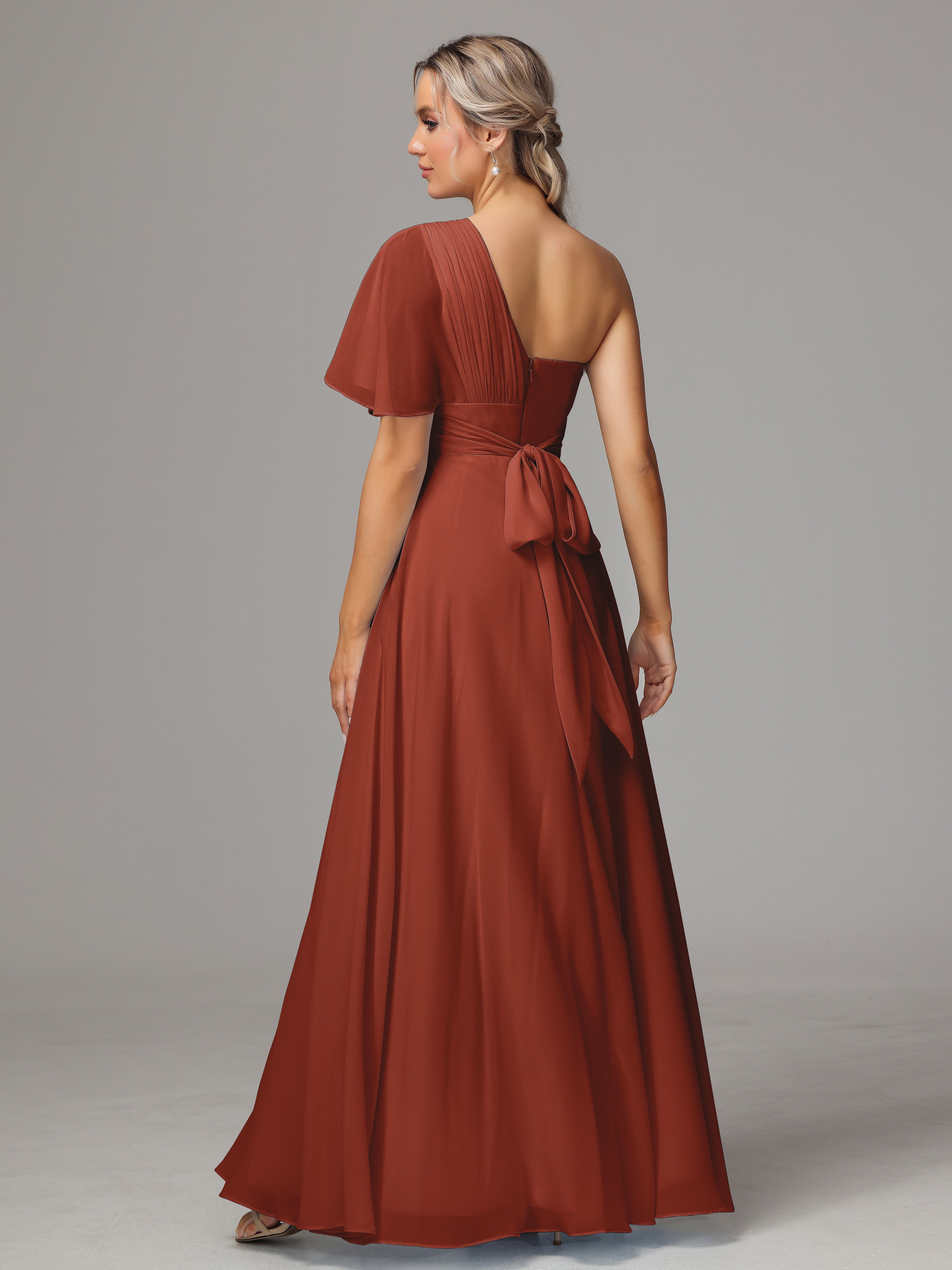 Robe Rouille Demoiselle D Honneur Fendue Seule Épaule Mousseline Robe Demoiselle D'Honneur