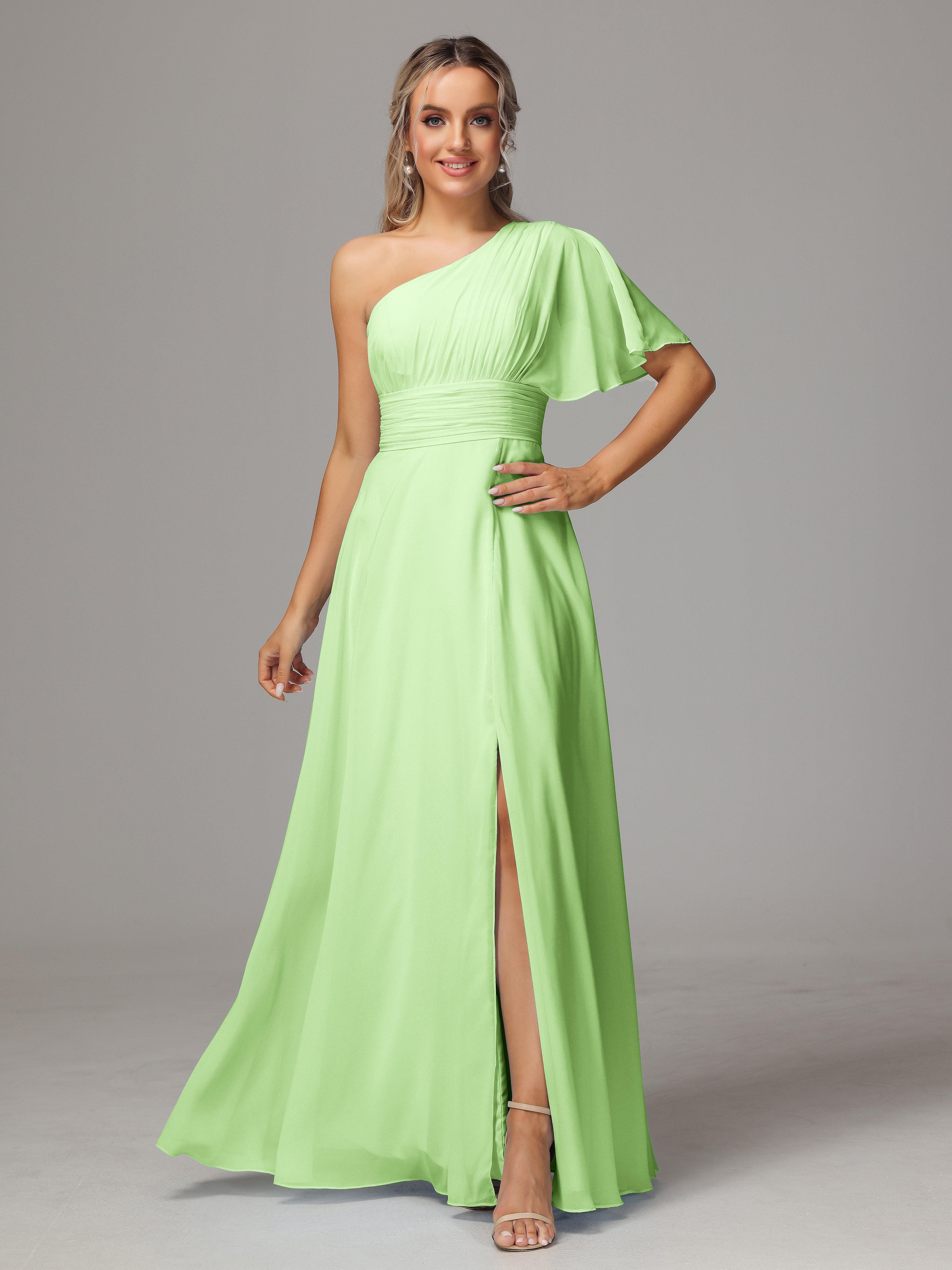 Demoiselle D Honneur Vert Sauge Fendue Seule Épaule Mousseline Robe Demoiselle D'Honneur