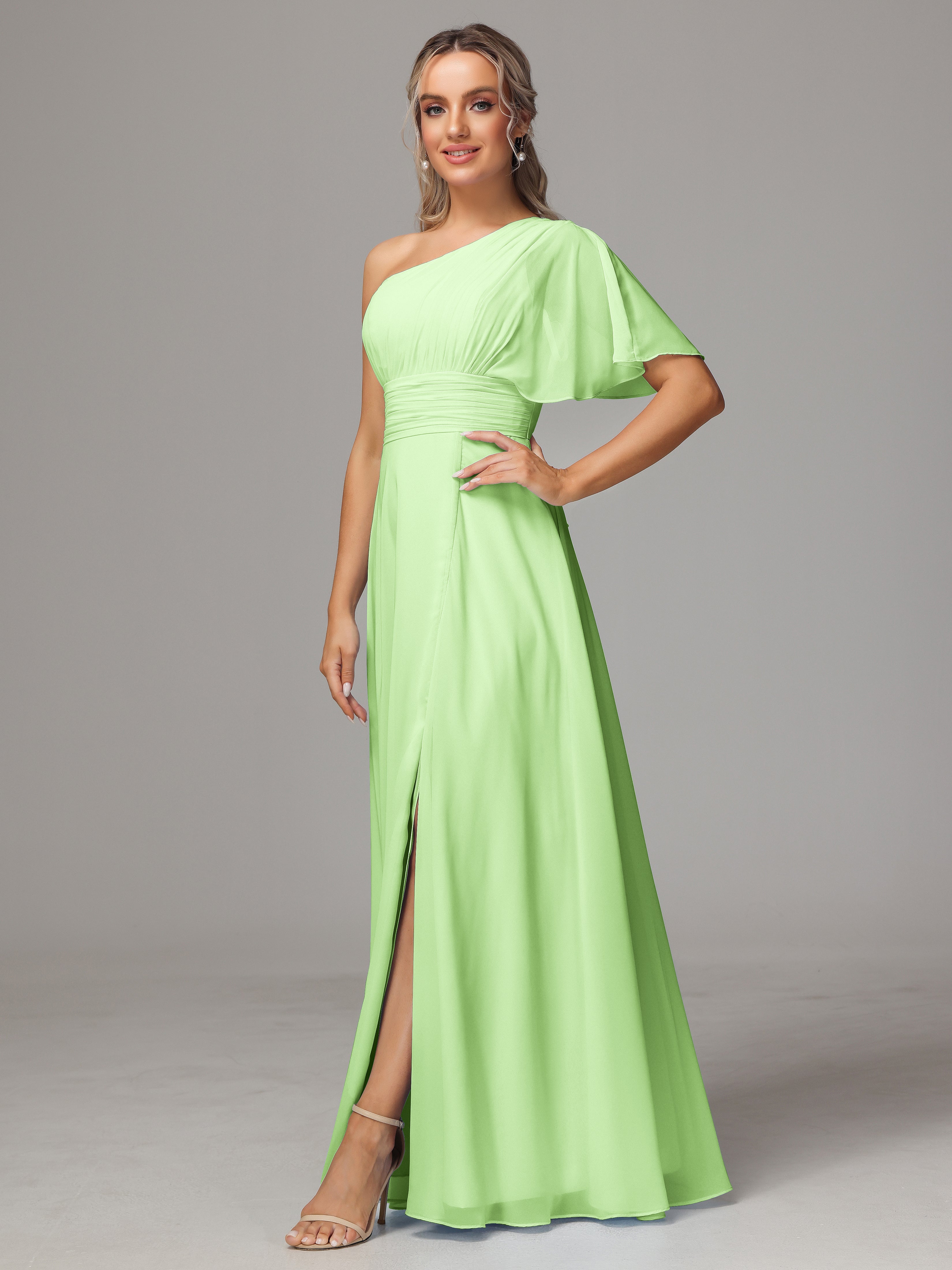 Demoiselle D Honneur Vert Sauge Fendue Seule Épaule Mousseline Robe Demoiselle D'Honneur