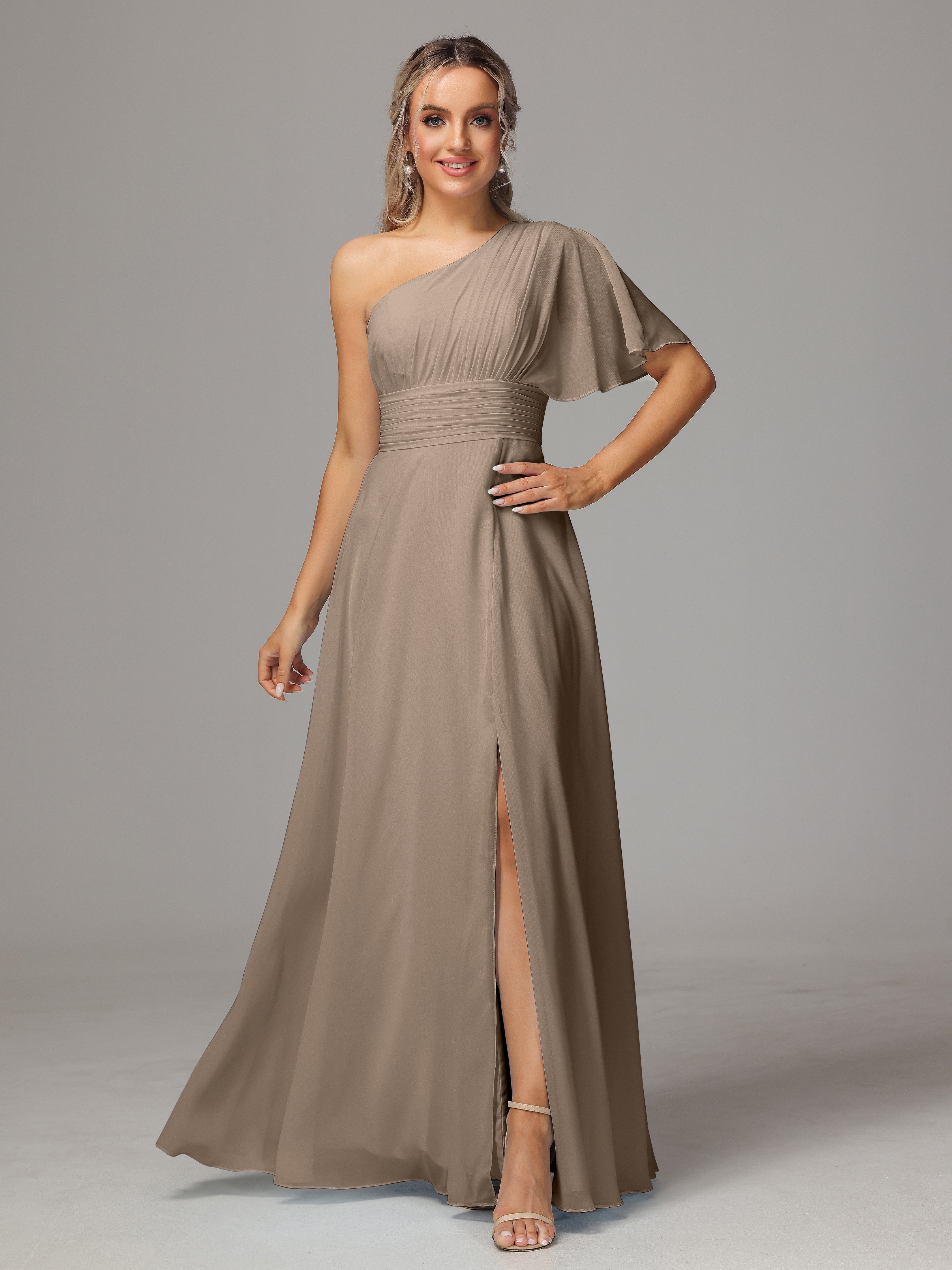 Couleur Taupe Robe Fendue Seule Épaule Mousseline Robe Demoiselle D'Honneur