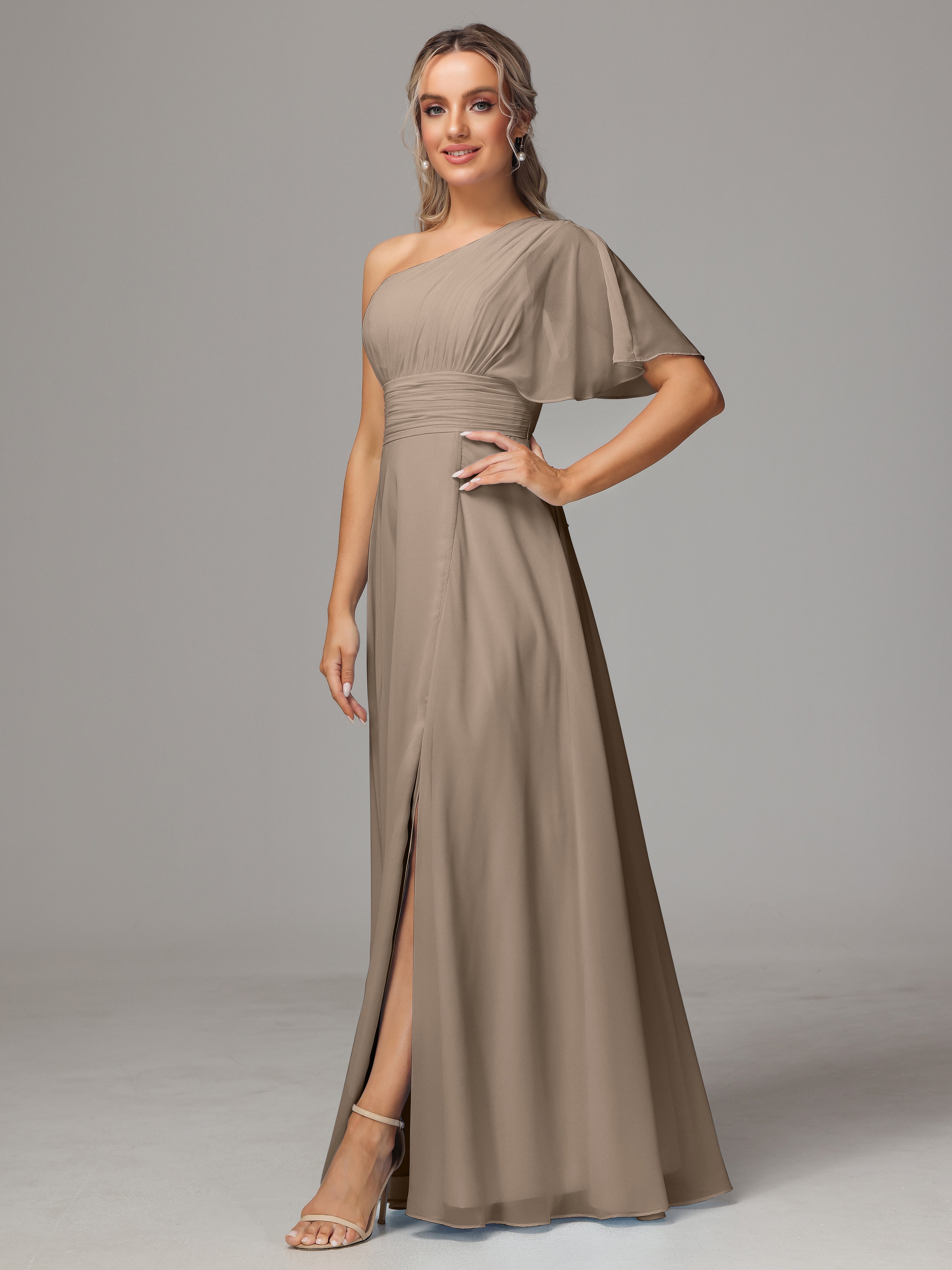 Couleur Taupe Robe Fendue Seule Épaule Mousseline Robe Demoiselle D'Honneur
