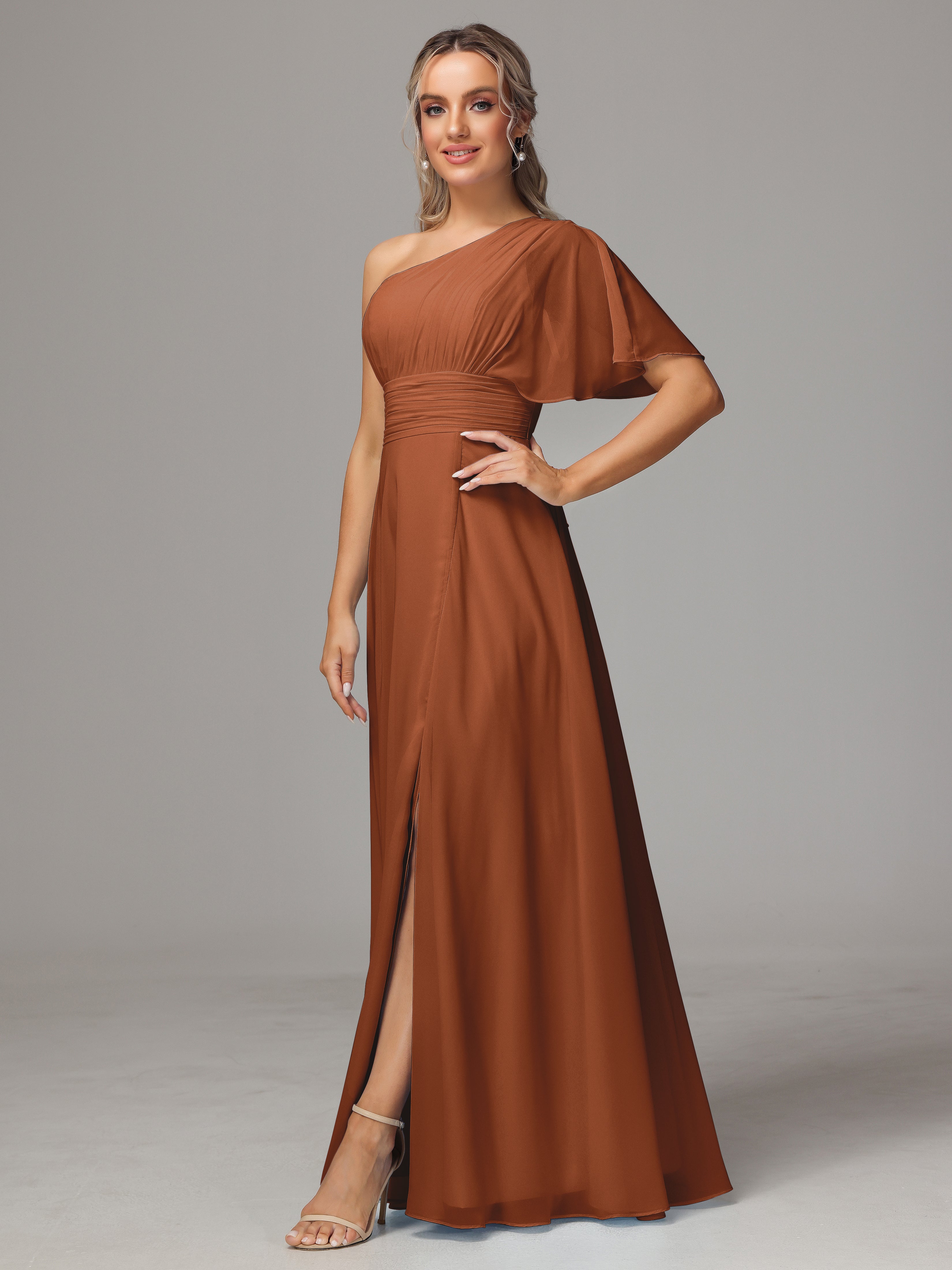 Rouille Robe Demoiselle D Honneur Terracotta Seule Épaule Mousseline Robe Demoiselle D'Honneur