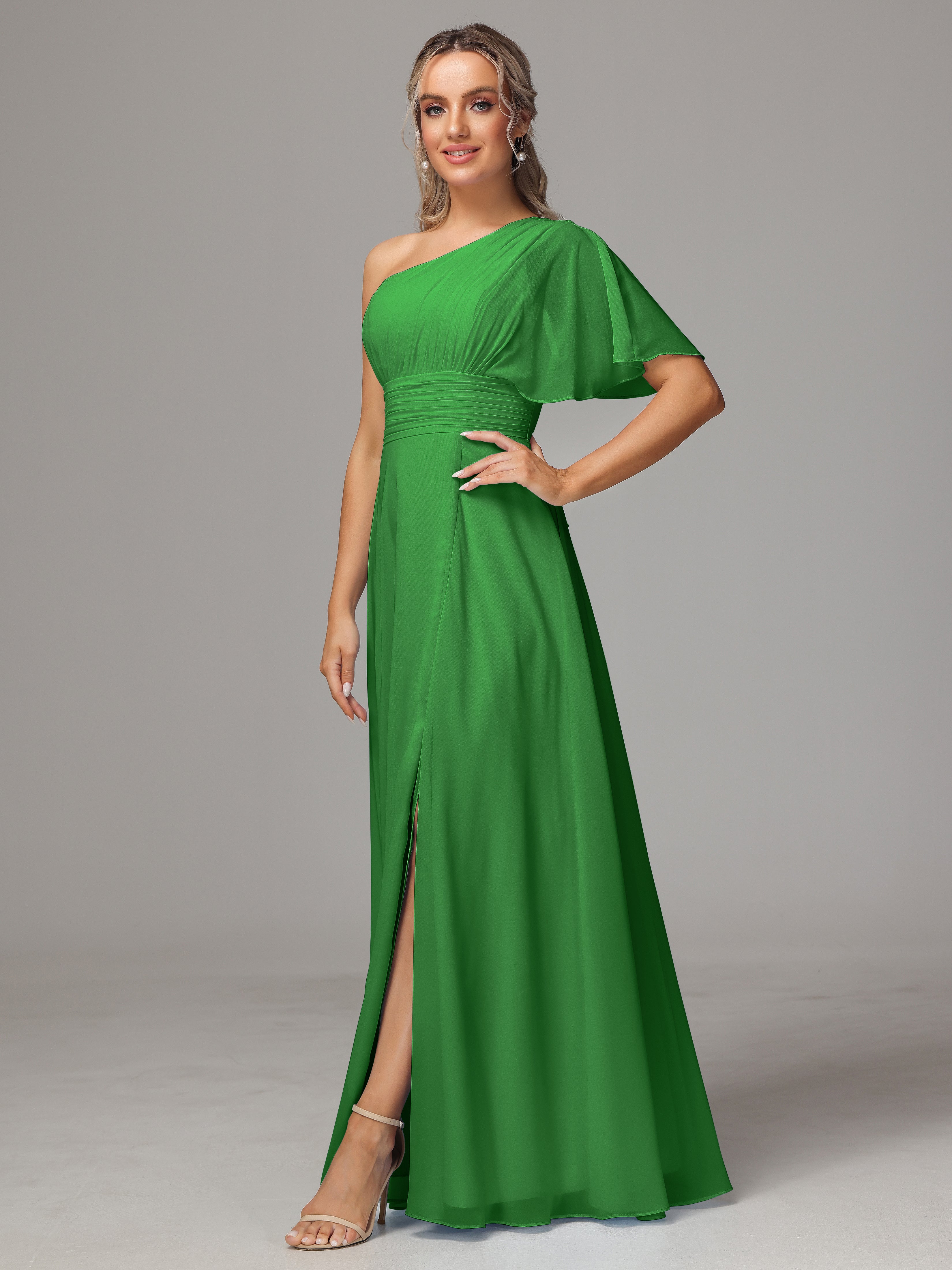 Robe Demoiselle Dhonneur Vert Fendue Seule Épaule Mousseline Robe Demoiselle D'Honneur