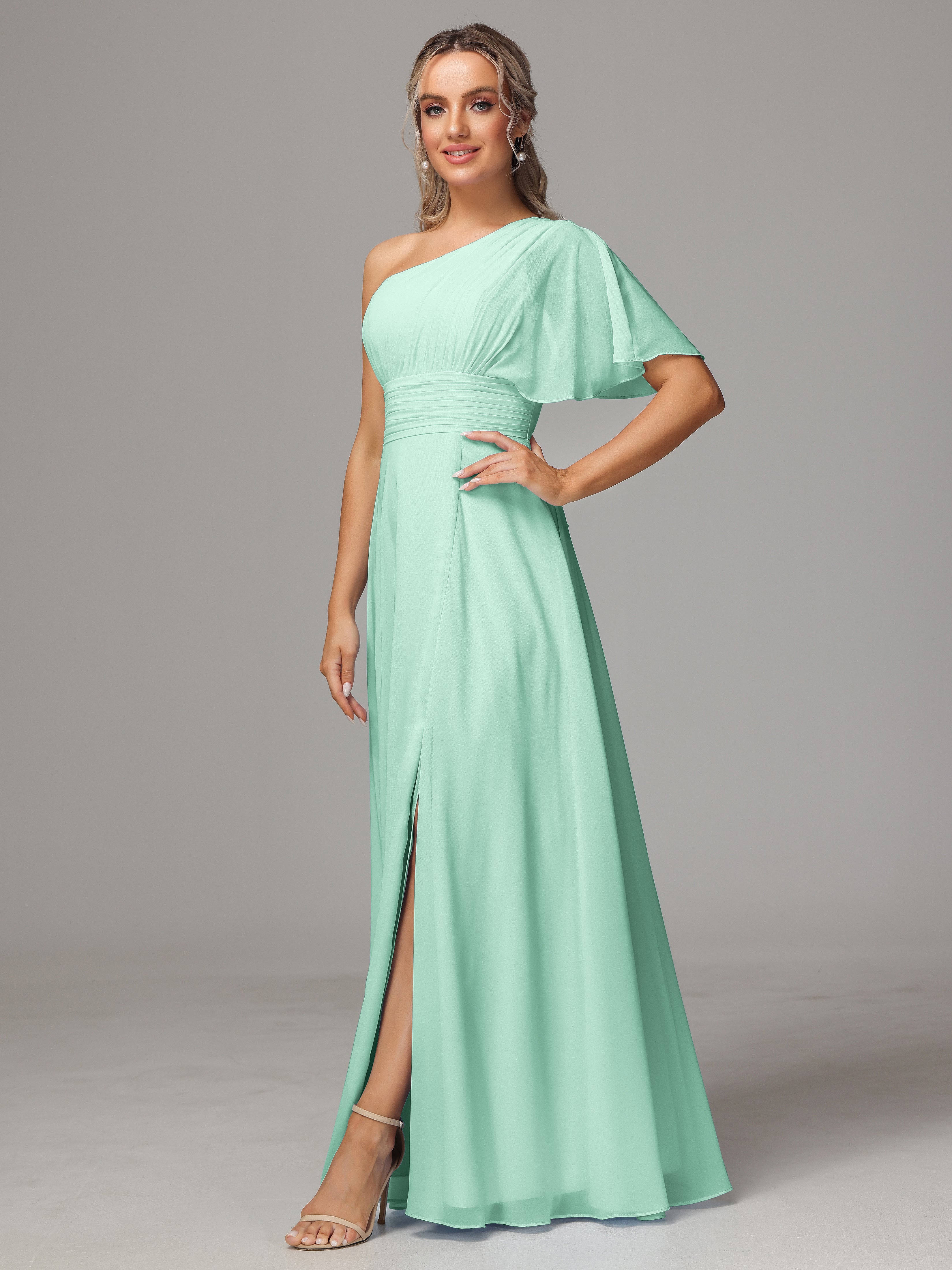 Robe Demoiselle D Honneur Menthe Fendue Seule Épaule Mousseline Robe Demoiselle D'Honneur