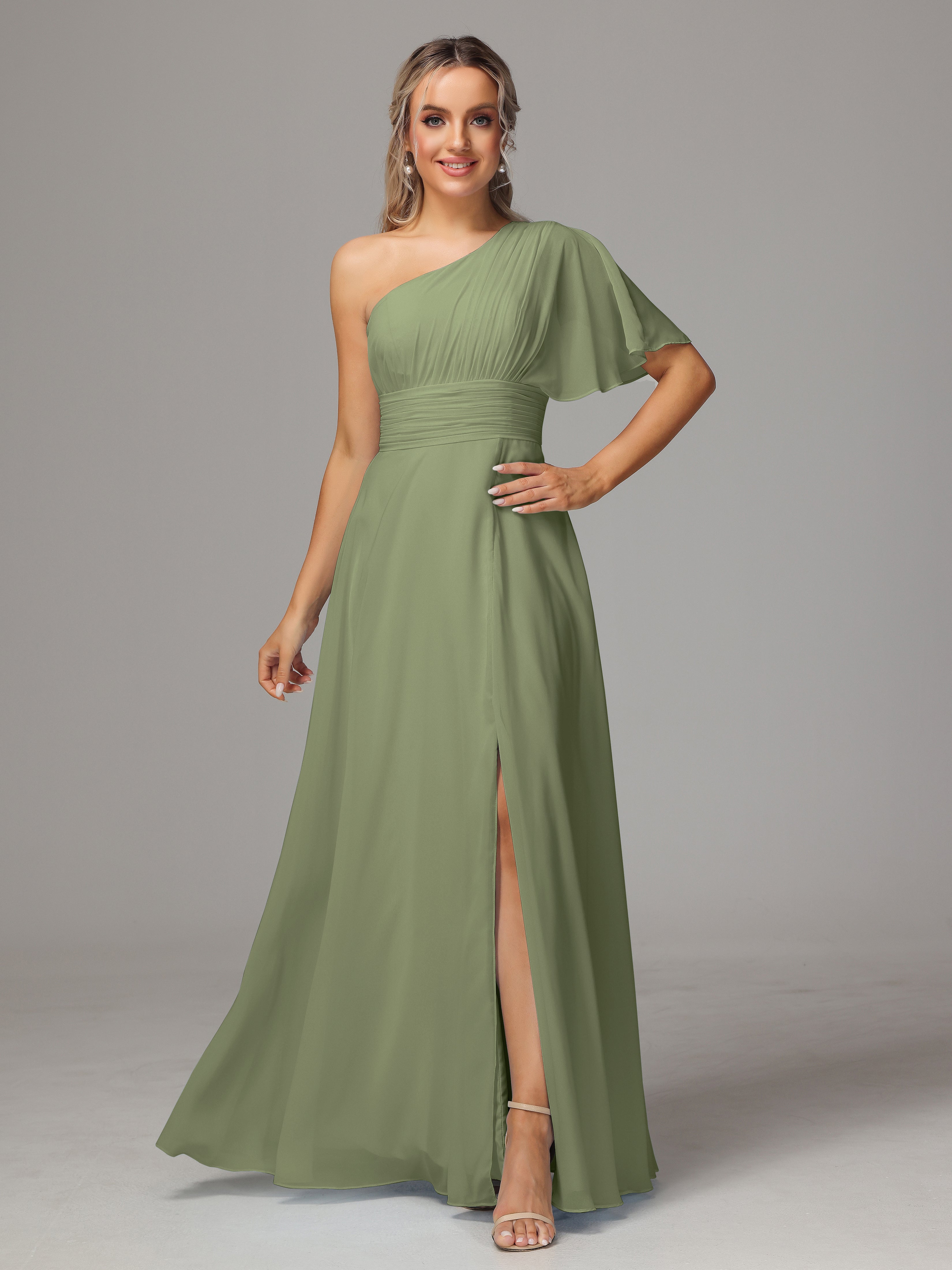 Robe Demoiselle D Honneur Olive Seule Épaule Mousseline Robe Demoiselle D'Honneur