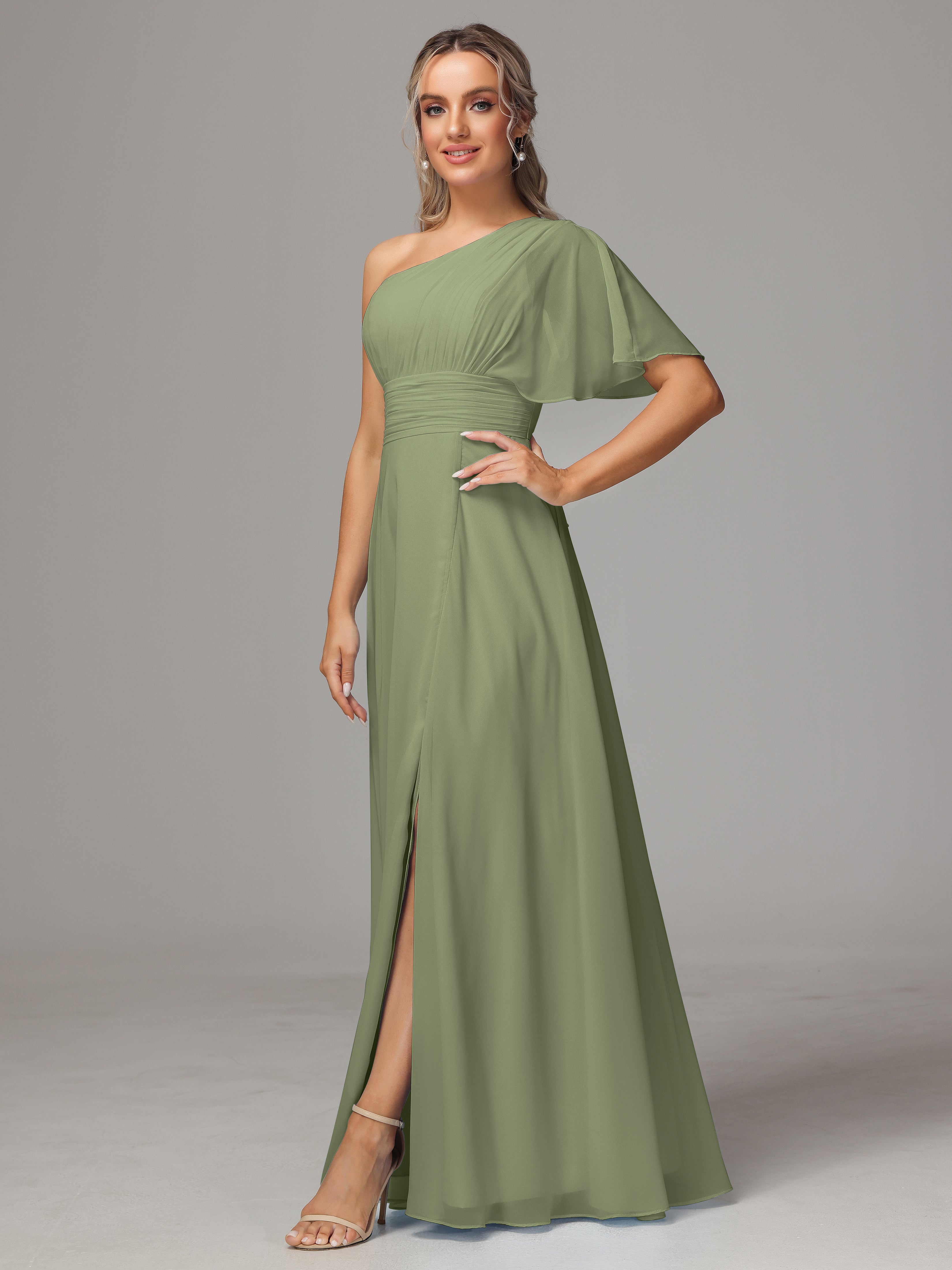 Robe Demoiselle D Honneur Olive Seule Épaule Mousseline Robe Demoiselle D'Honneur