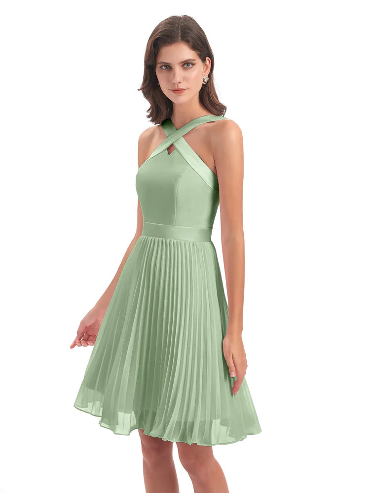 Robe Demoiselle D Honneur Sauge Poudrée Longueur Genou Plis Bretelles Robes Demoiselle D'Honneur
