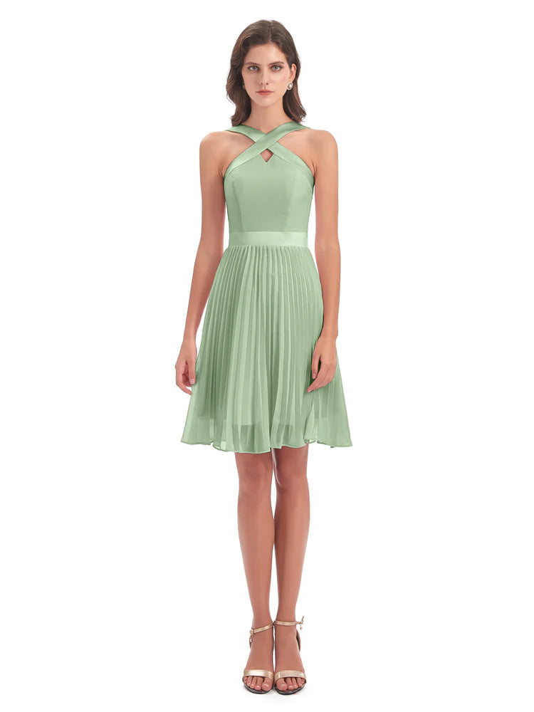 Robe Demoiselle D Honneur Sauge Poudrée Longueur Genou Plis Bretelles Robes Demoiselle D'Honneur