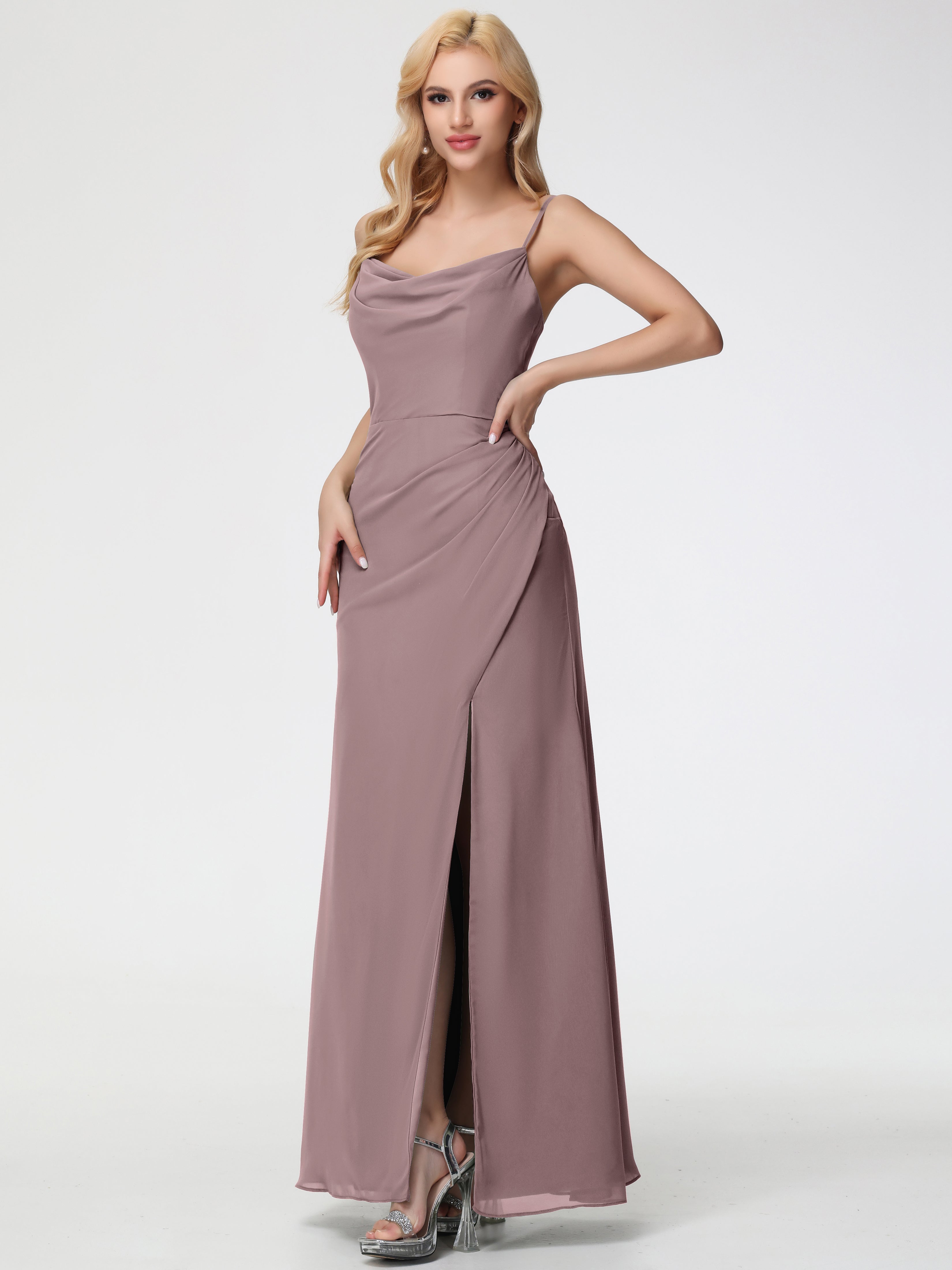 Robes De Demoiselle D'honneur Vintage Mauve Col bénitier Fendue Fourreau/Colonne Mousseline Robe Demoiselle d'Honneur